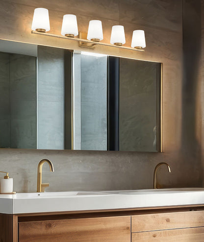Z-Lite Nextra 42" 5-Light Modern Gold Steel Frame White Opal Glass Shade Vanity Light