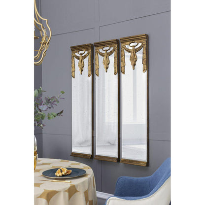 A&amp;B Home 15&quot; x 63&quot; Bundle of 10 Rectangular Polished Antique Gold Frame Wall-Mounted Mirror With Silver Sash Drape