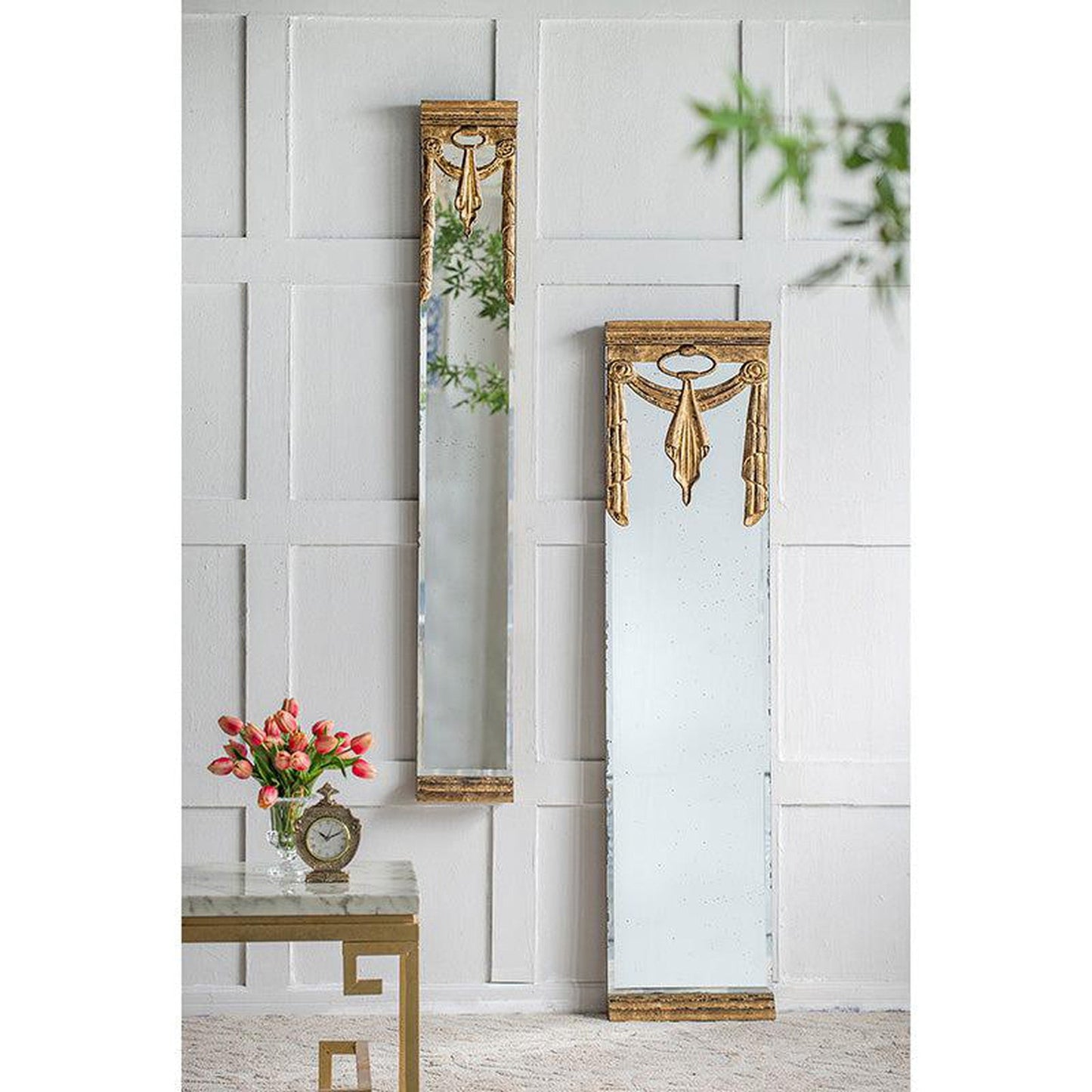 A&amp;B Home 15&quot; x 63&quot; Bundle of 10 Rectangular Polished Antique Gold Frame Wall-Mounted Mirror With Silver Sash Drape