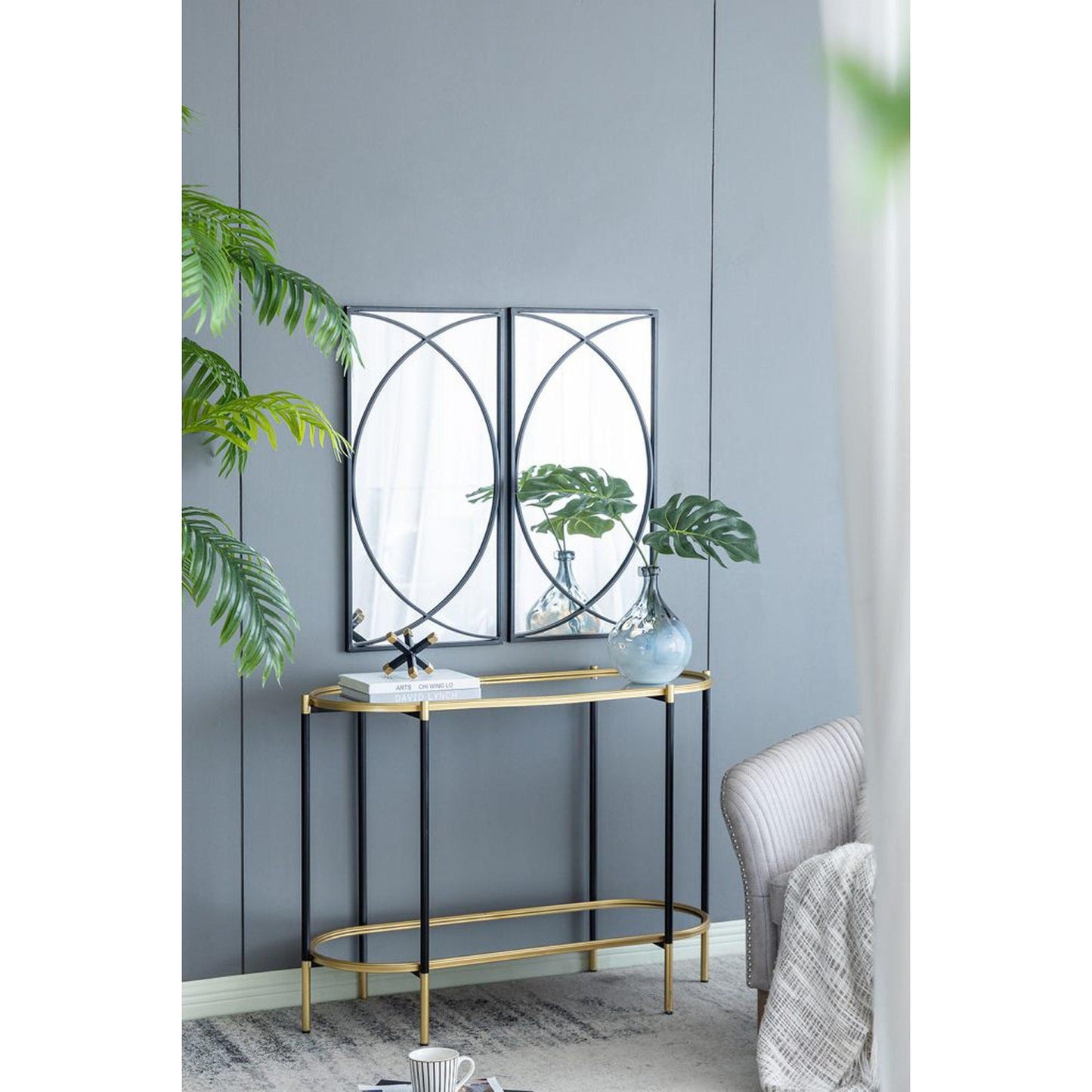 A&B Home 16" x 32" Bundle of 8 Rectangular Set of 12 Black Metal Frame Wall-Mounted Mirror With Curved Motif