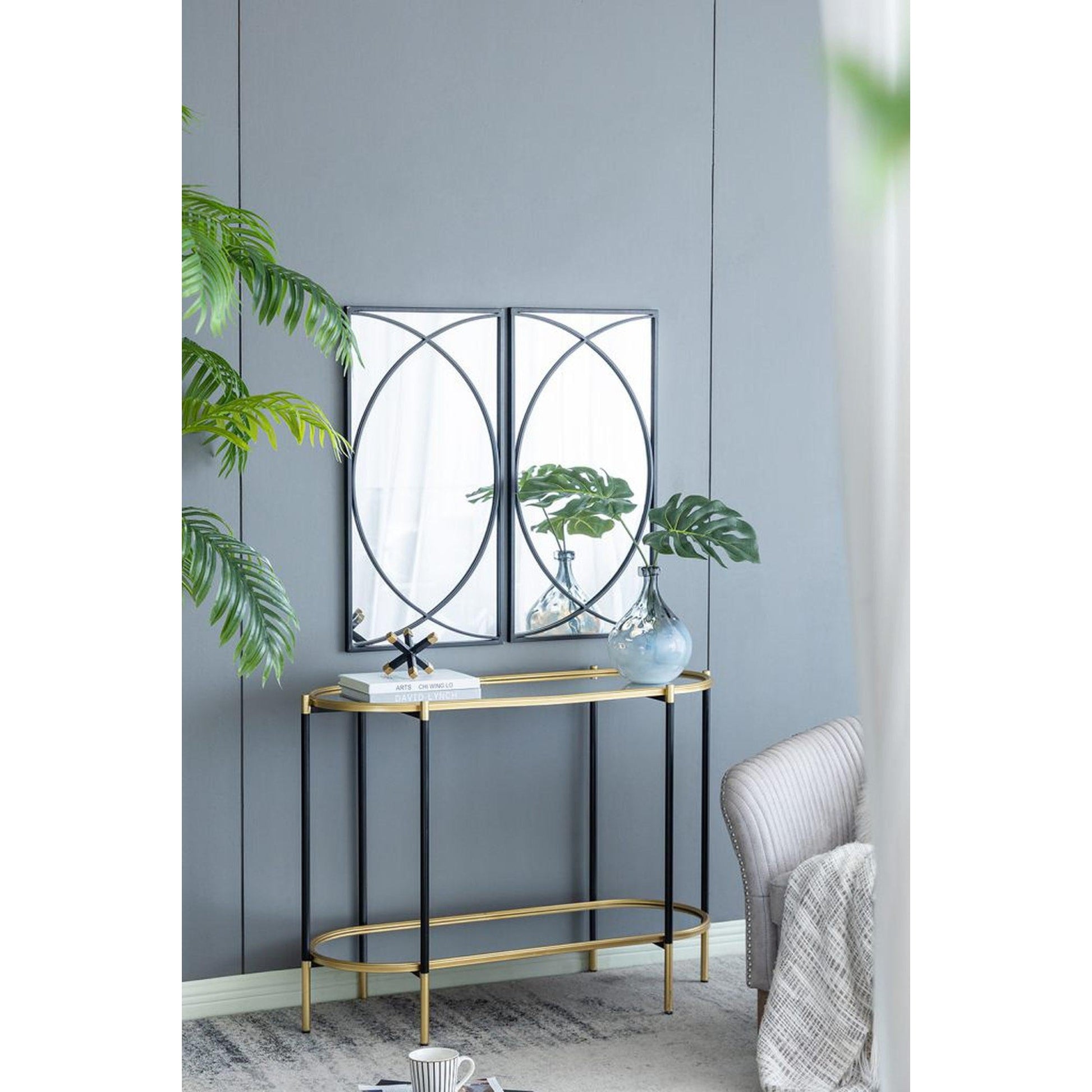 A&B Home 16" x 32" Bundle of 8 Rectangular Set of 12 Black Metal Frame Wall-Mounted Mirror With Curved Motif