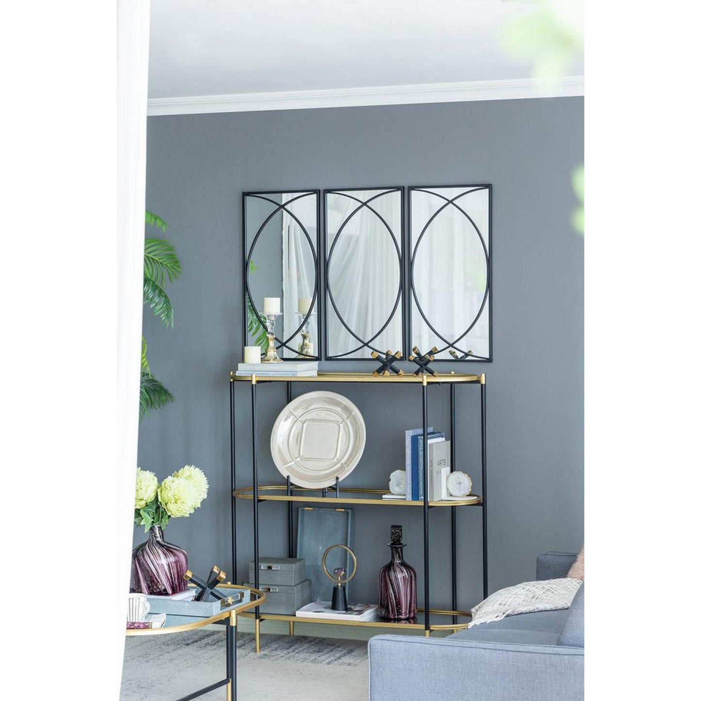 A&B Home 16" x 32" Bundle of 8 Rectangular Set of 12 Black Metal Frame Wall-Mounted Mirror With Curved Motif