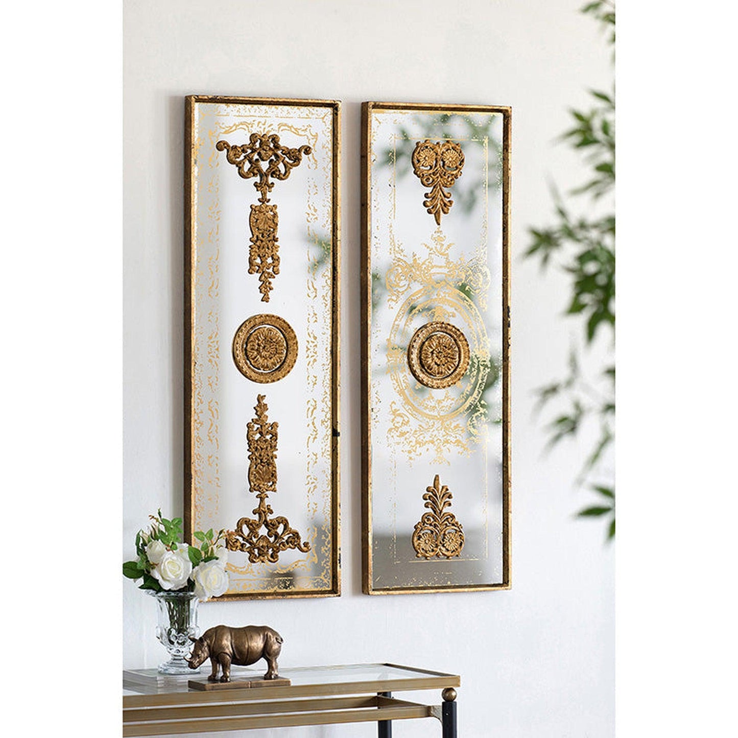 A&B Home 16" x 48" Set of 2 Rectangular Polished Gold Frame Wall-Mounted Mirror With Regal Medallion Details