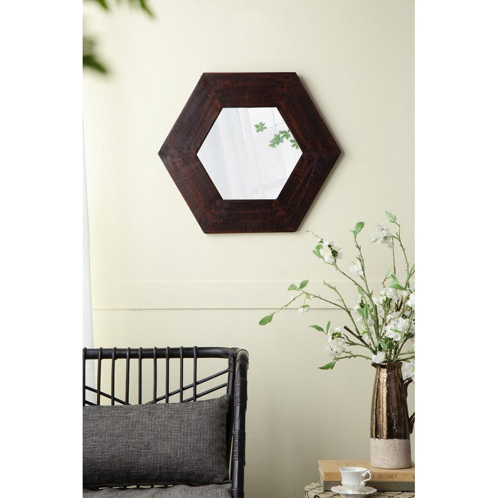 A&B Home 19" x 19" Bundle of 22 Hexagon-Shaped Teak Dark Brown Wood Frame Wall-Mounted Mirror