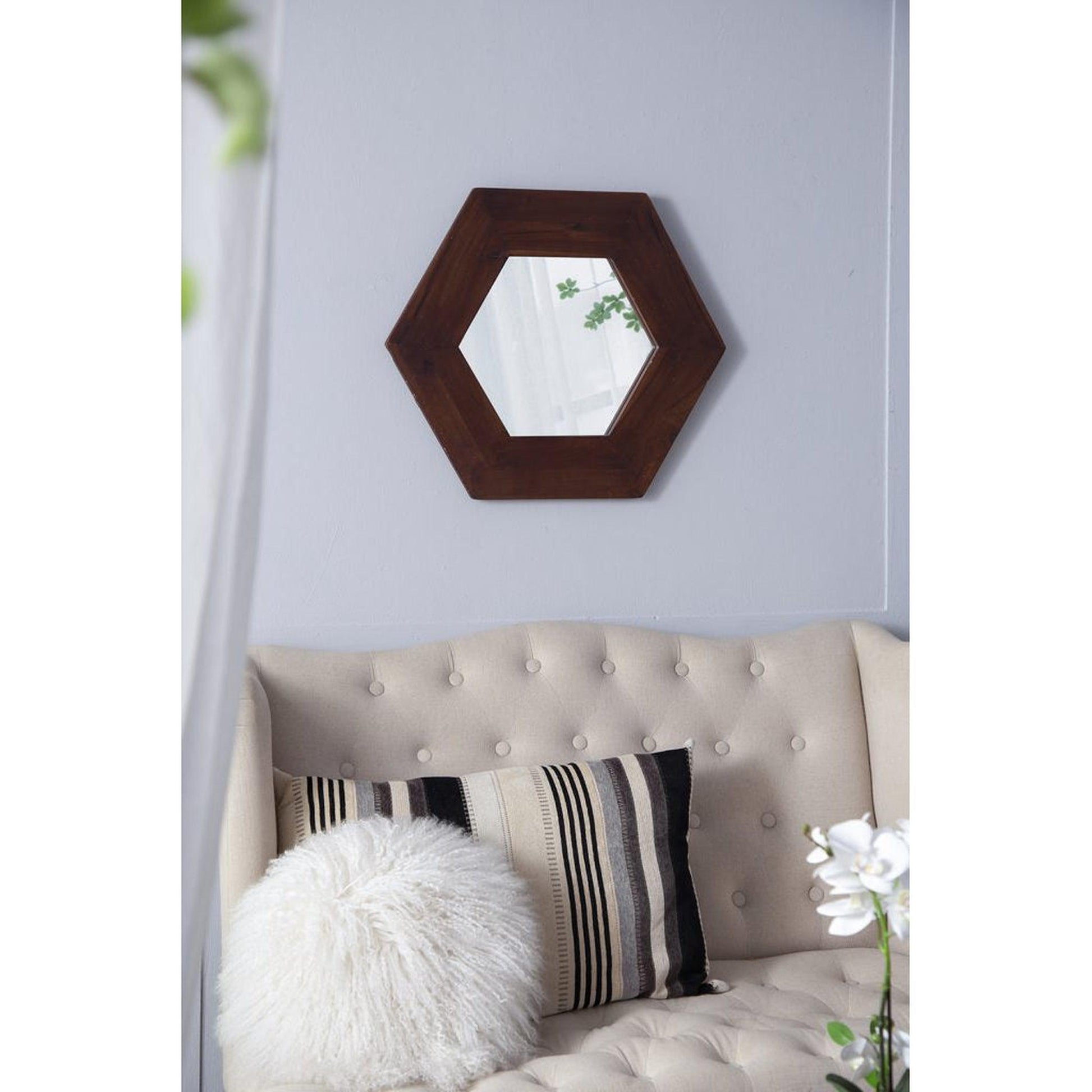 A&B Home 19" x 19" Bundle of 22 Hexagon-Shaped Teak Dark Brown Wood Frame Wall-Mounted Mirror