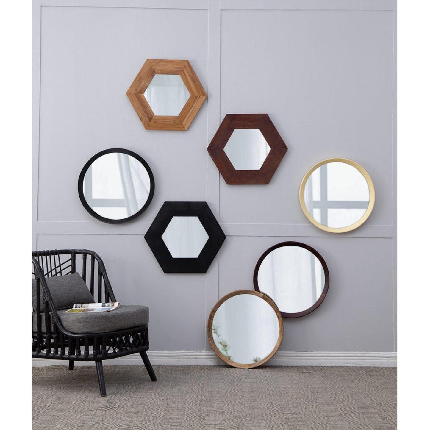 A&B Home 19" x 19" Bundle of 22 Hexagon-Shaped Teak Dark Brown Wood Frame Wall-Mounted Mirror