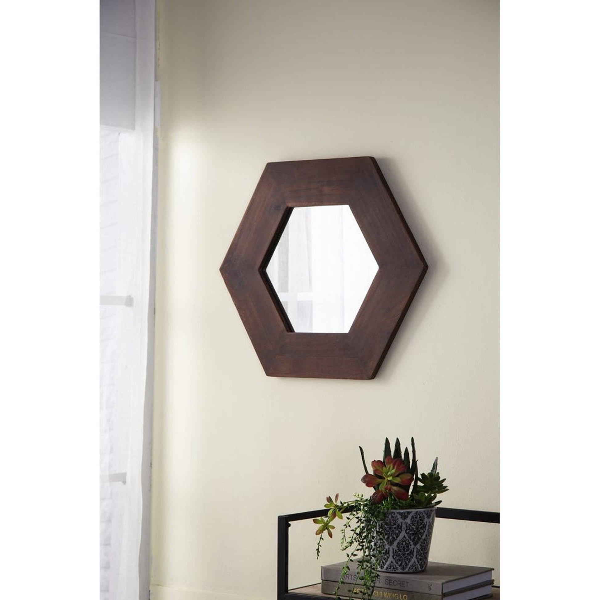 A&B Home 19" x 19" Bundle of 22 Hexagon-Shaped Teak Dark Brown Wood Frame Wall-Mounted Mirror