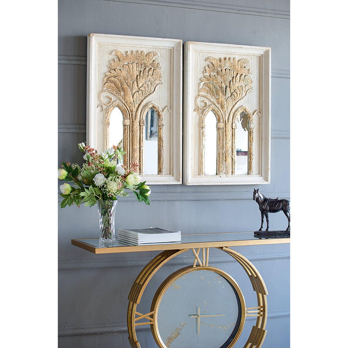 A&B Home 20" x 30" Set of 2 Bundle of 6 Rectangular White Wash With Gold Leaf Details Wooden Frame Wall-Mounted Mirror