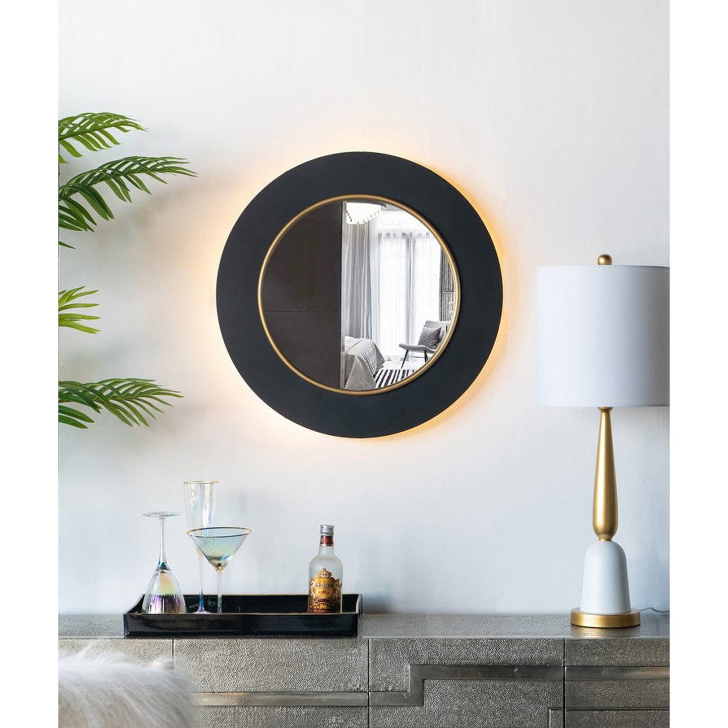 A&B Home 24" x 24" Bundle of 12 Round Black and Gold Metal Frame Wall-Mounted Mirror With Led Light