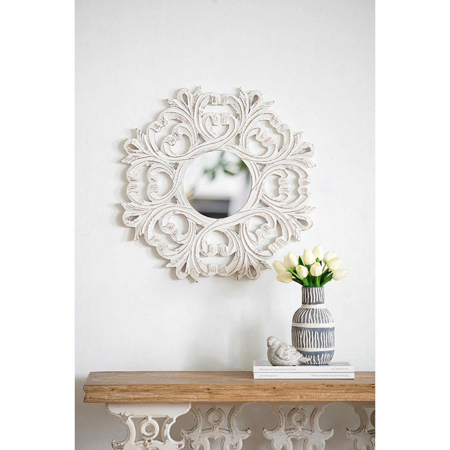 A&B Home 24" x 24" Bundle of 28 Round Floral Design Rustic White Wooden Frame Wall-Mounted Mirror