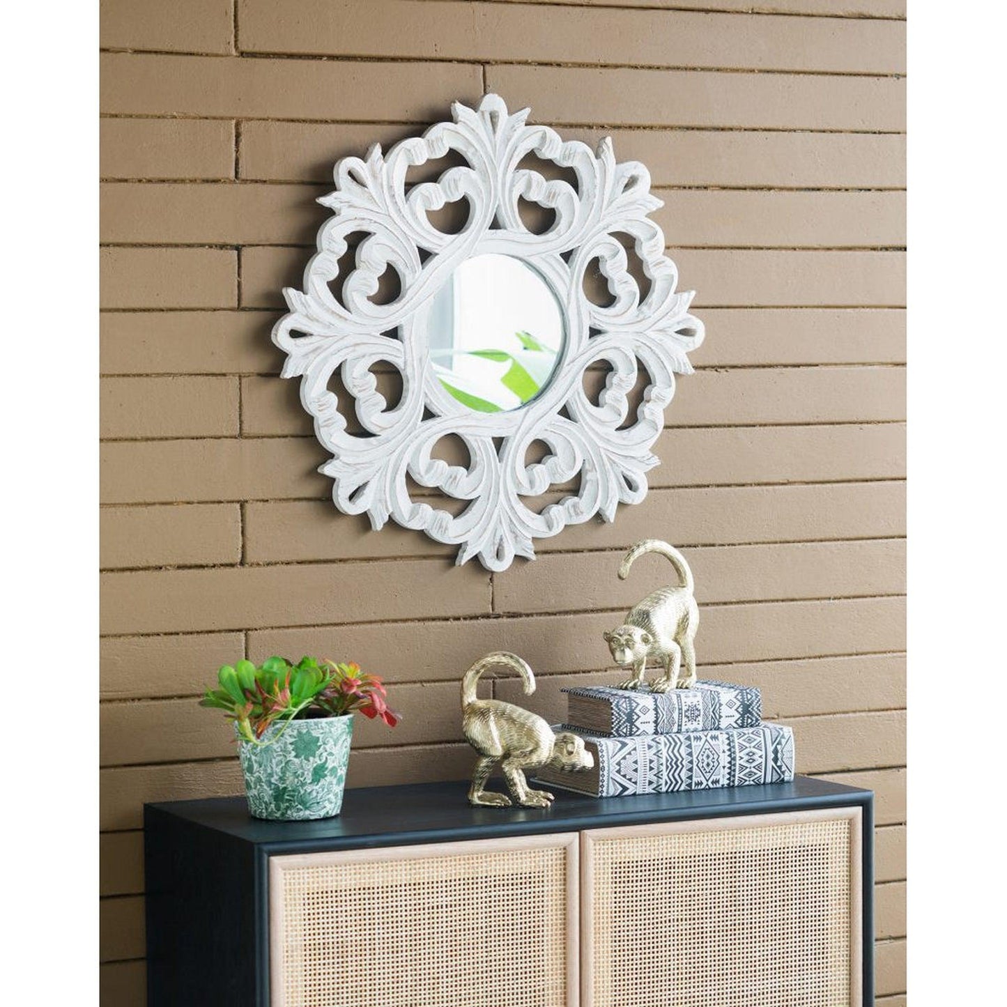 A&B Home 24" x 24" Bundle of 28 Round Floral Design Rustic White Wooden Frame Wall-Mounted Mirror