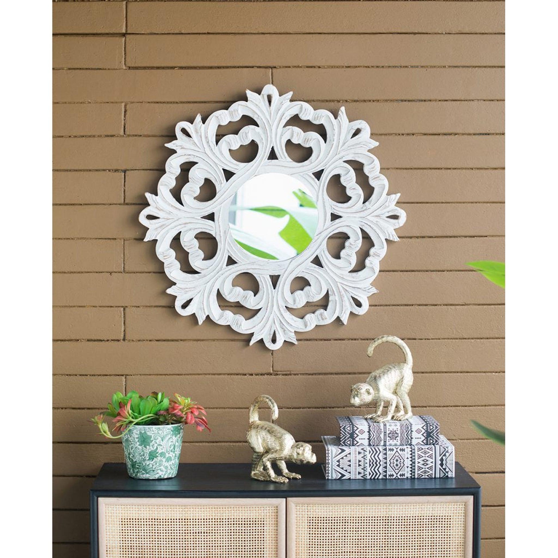 A&B Home 24" x 24" Bundle of 28 Round Floral Design Rustic White Wooden Frame Wall-Mounted Mirror