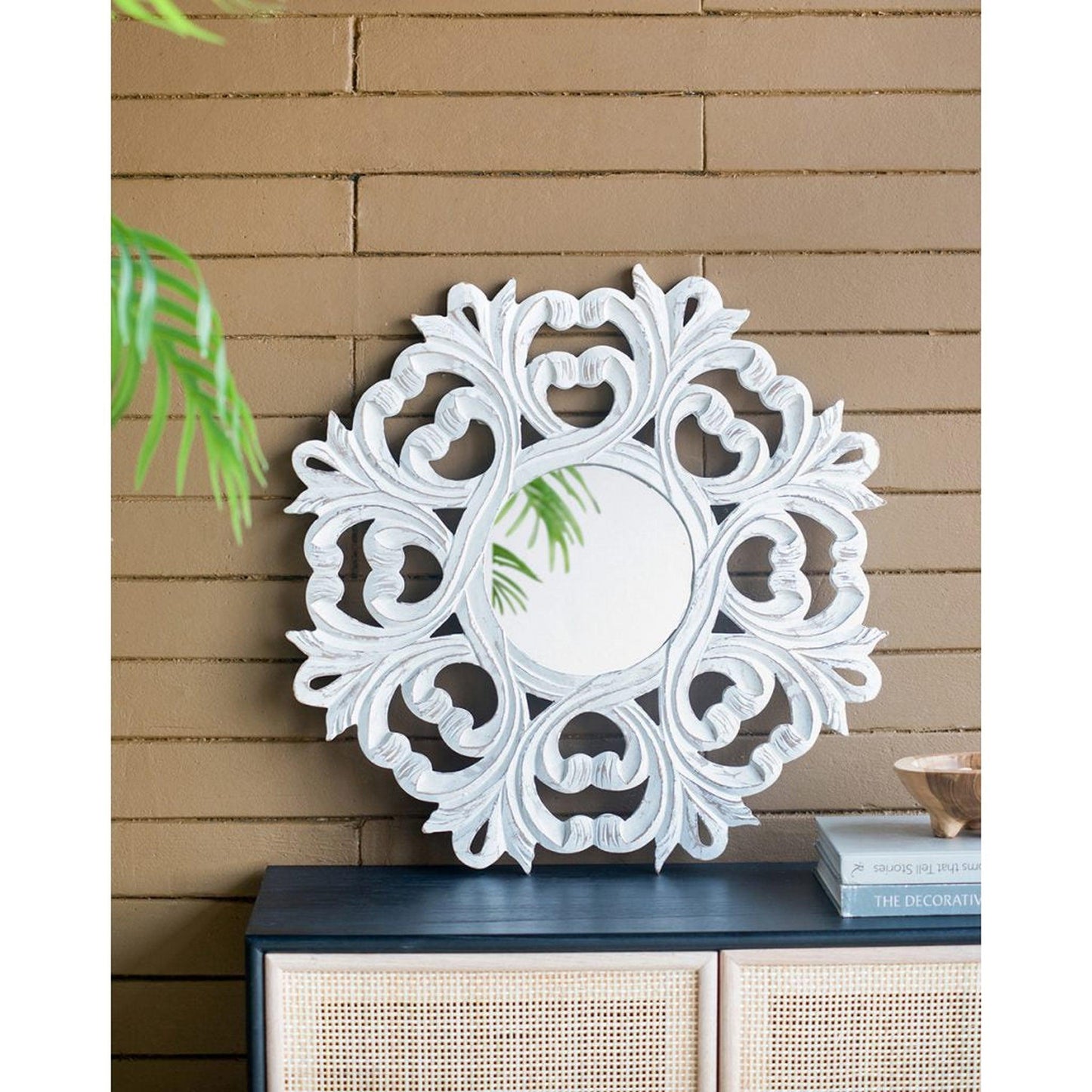 A&B Home 24" x 24" Bundle of 28 Round Floral Design Rustic White Wooden Frame Wall-Mounted Mirror