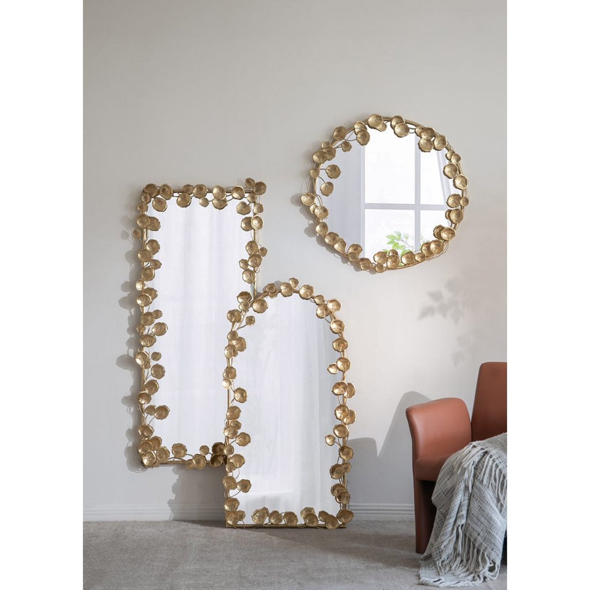 A&B Home 29" x 51" Bundle of 12 Arched Gold Metal Frame Wall-Mounted Mirror With Golden Leaf Accent
