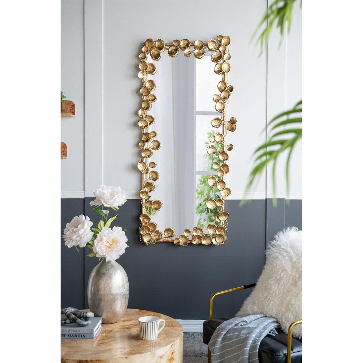 A&B Home 31" x 51" Bundle of 9 Rectangular Gold Metal Frame Wall-Mounted Mirror With Golden Leaf Accent