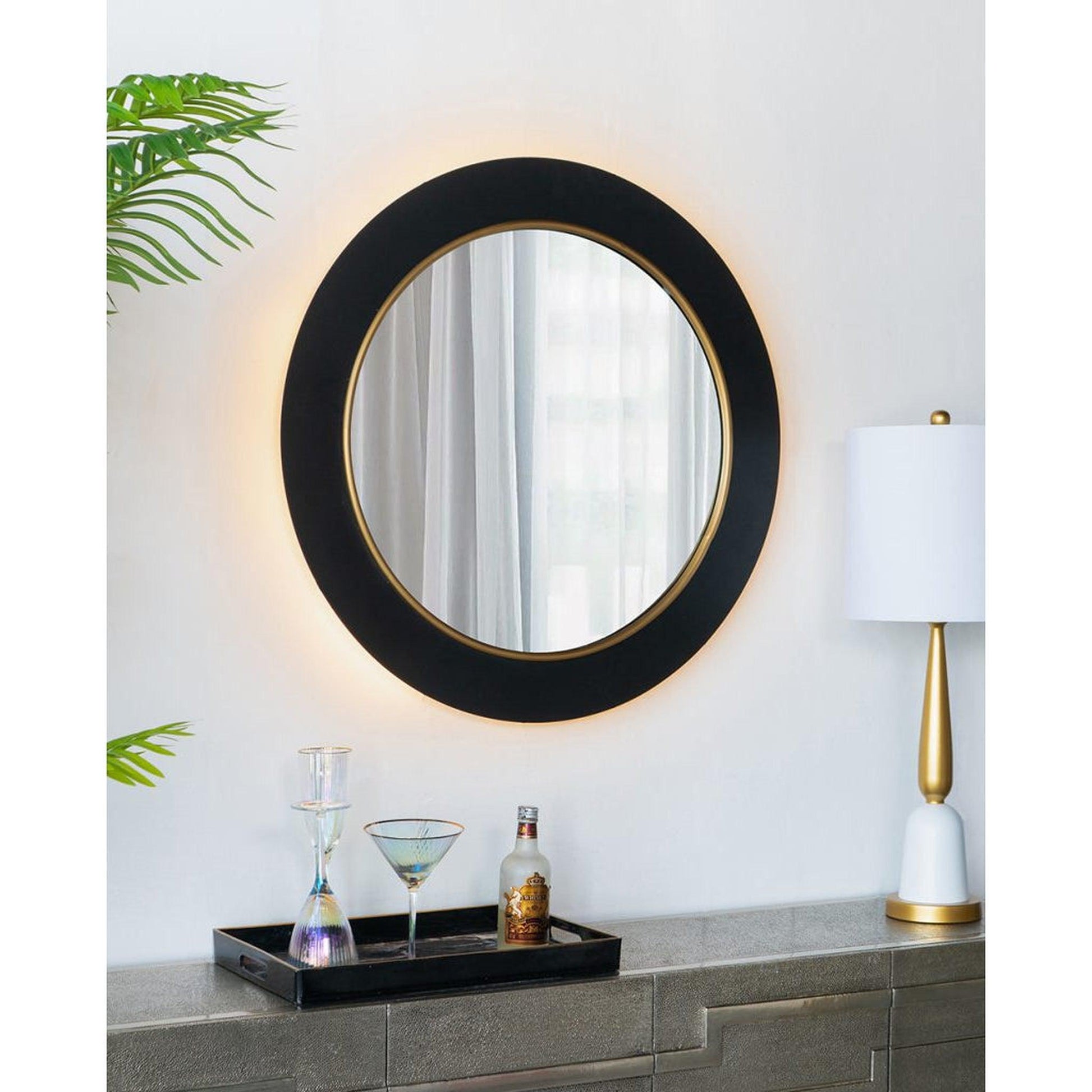 A&B Home 32" x 32" Bundle of 12 Round Shaped Black and Gold Metal Frame Wall-Mounted Mirror With Led Light