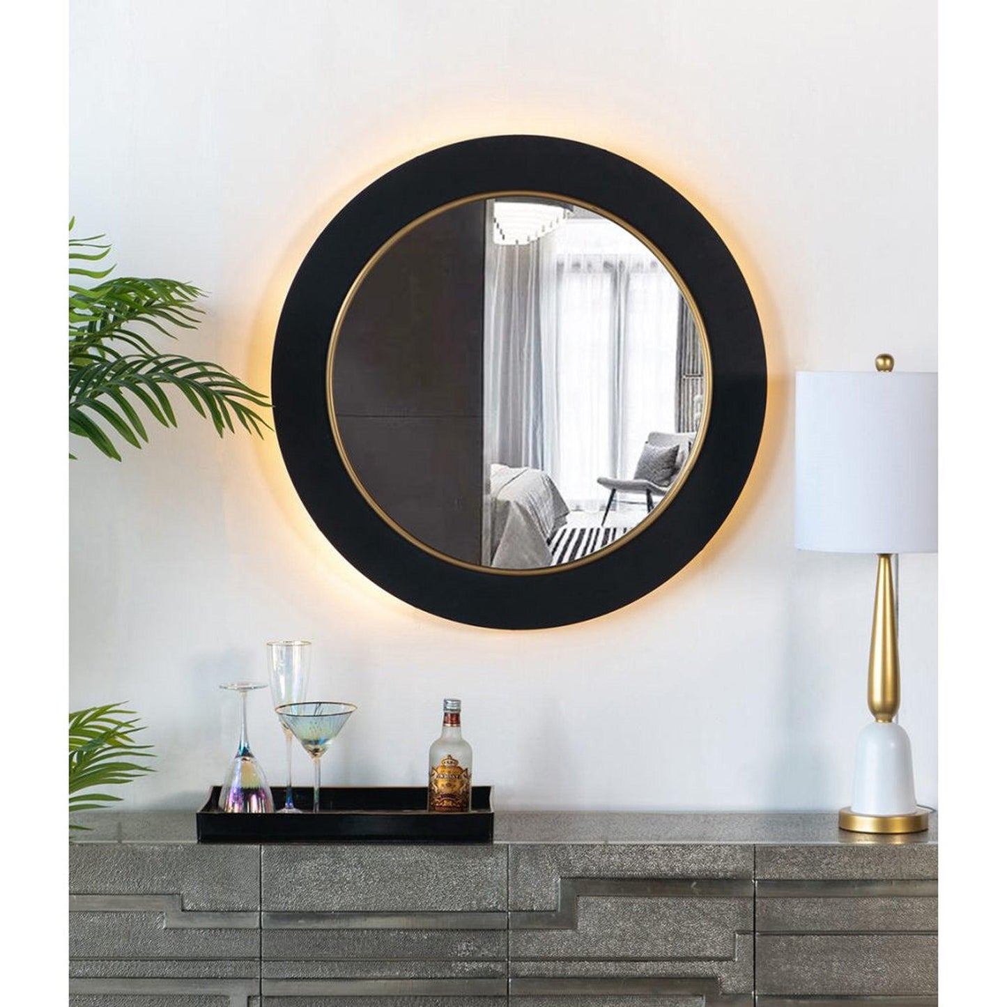 A&B Home 32" x 32" Bundle of 12 Round Shaped Black and Gold Metal Frame Wall-Mounted Mirror With Led Light