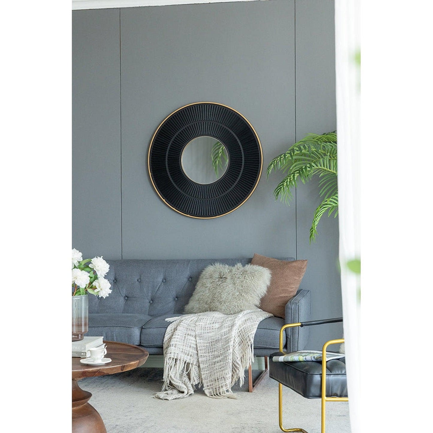 A&B Home 32" x 32" Bundle of 15 Round Carved Black With Gold Pleated Design Frame Wall-Mounted Mirror