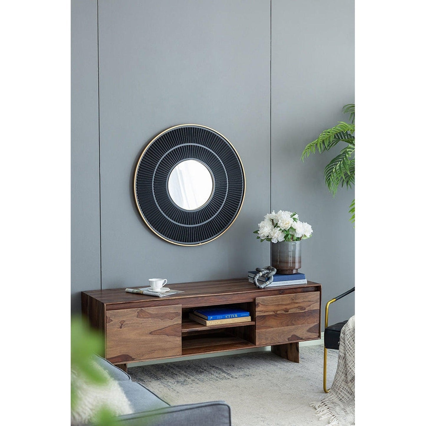 A&B Home 32" x 32" Bundle of 15 Round Carved Black With Gold Pleated Design Frame Wall-Mounted Mirror