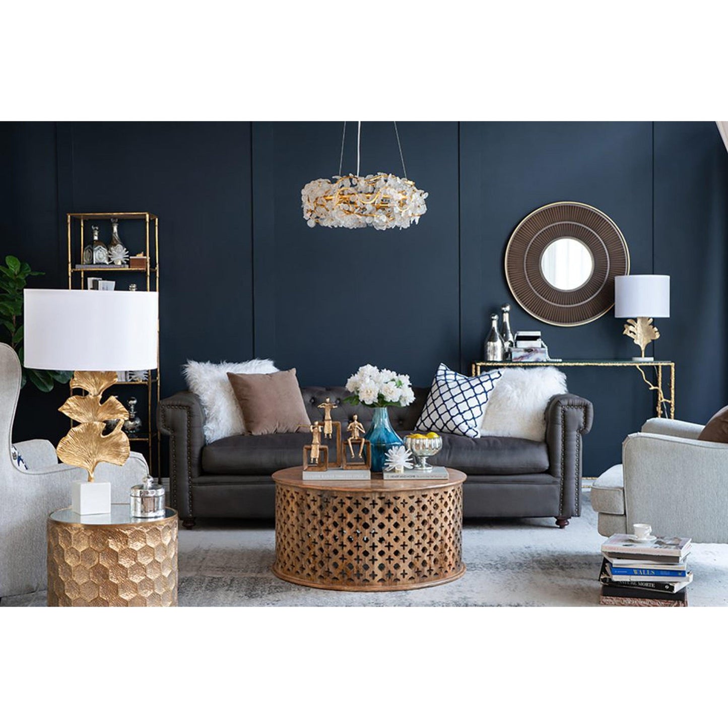 A&B Home 32" x 32" Bundle of 15 Round Carved Brown With Gold Pleated Design Frame Wall-Mounted Mirror