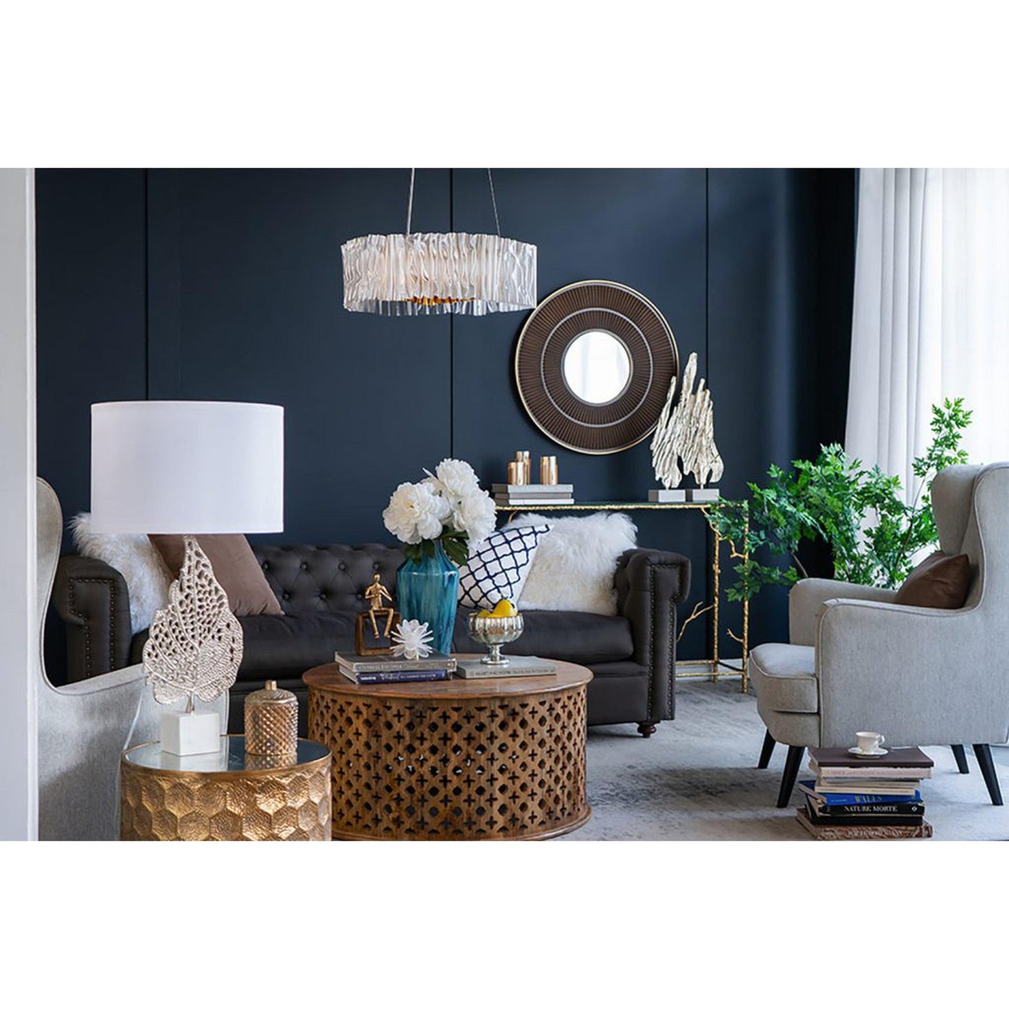 A&B Home 32" x 32" Bundle of 15 Round Carved Brown With Gold Pleated Design Frame Wall-Mounted Mirror