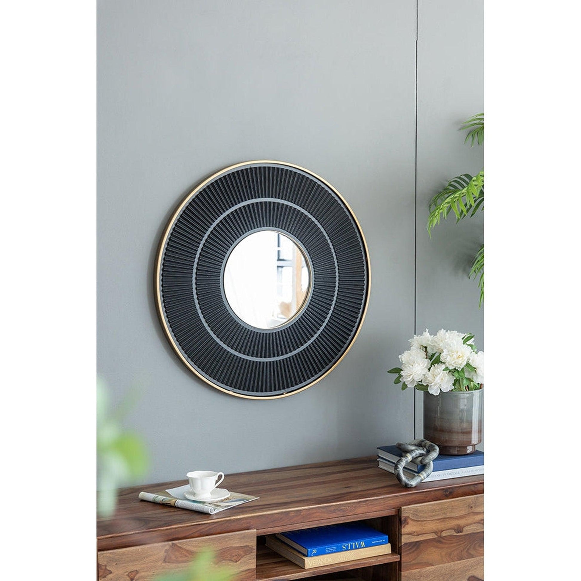 A&B Home 32" x 32" Bundle of 9 Round Carved Black With Gold Pleated Design Frame Wall-Mounted Mirror