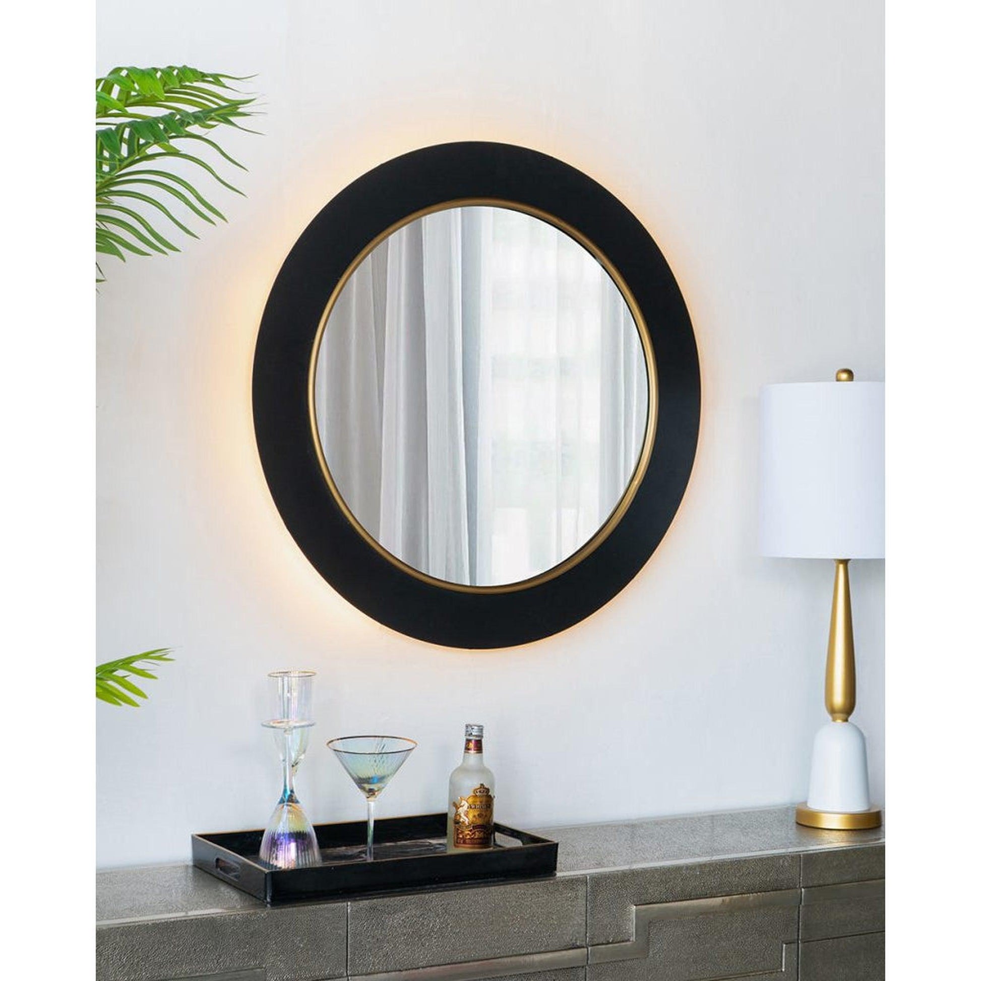 A&B Home 32" x 32" Bundle of 9 Round Shaped Black and Gold Metal Frame Wall-Mounted Mirror With Led Light