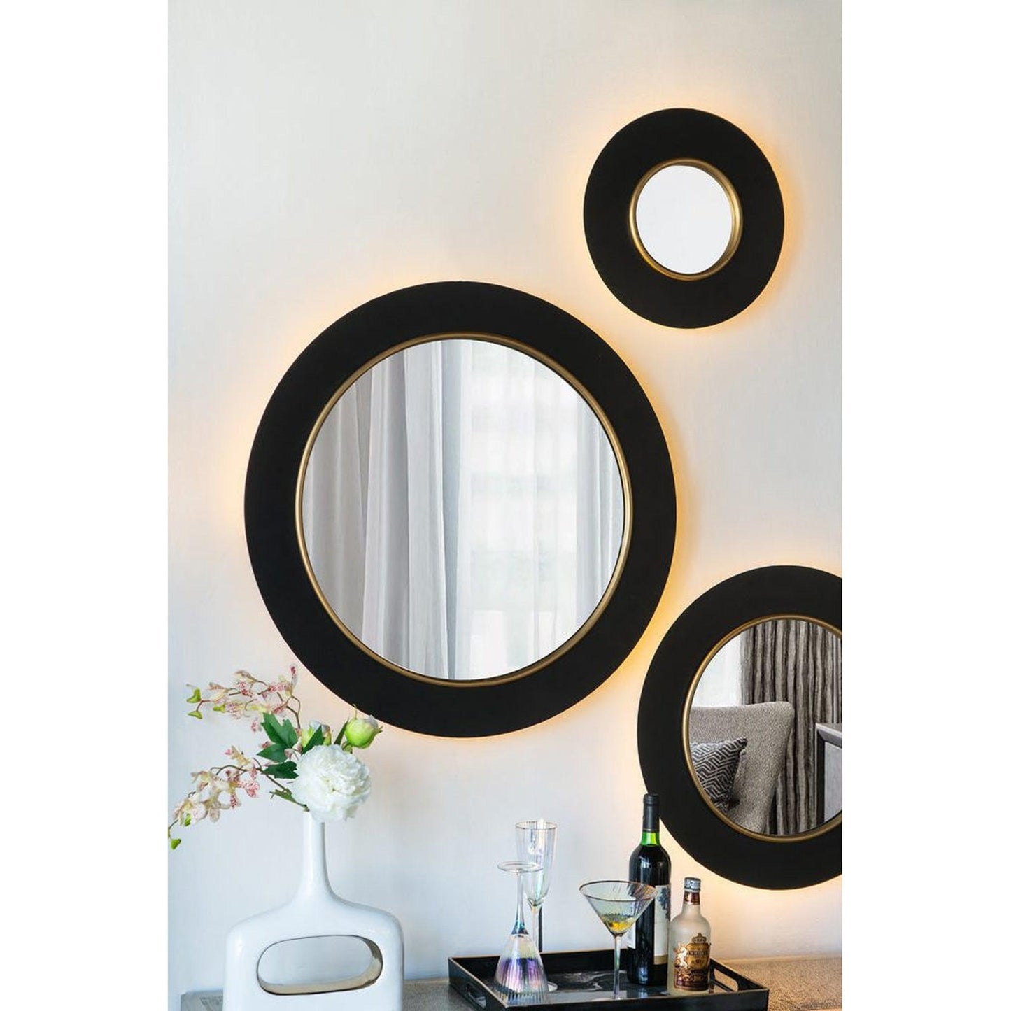 A&B Home 32" x 32" Bundle of 9 Round Shaped Black and Gold Metal Frame Wall-Mounted Mirror With Led Light