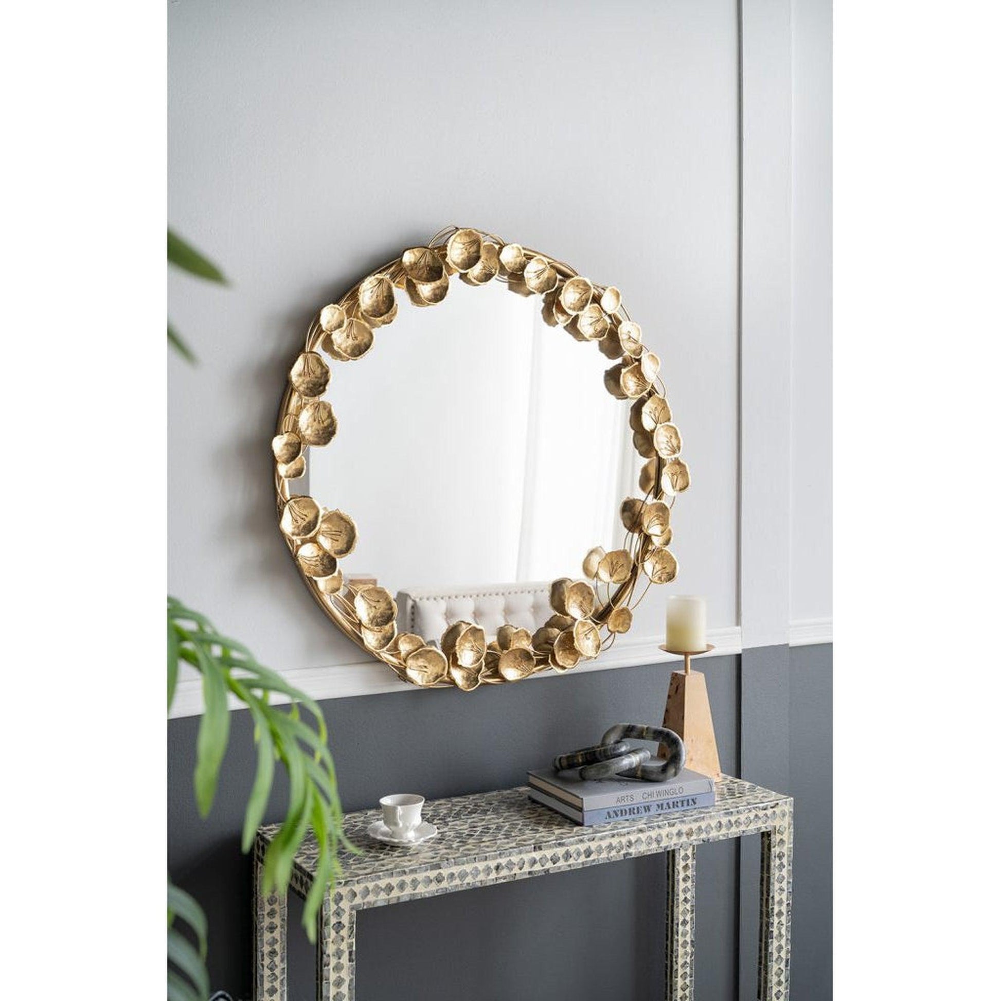 A&B Home 35" x 35" Bundle of 15 Round Gold Metal Frame Wall-Mounted Mirror With Golden Leaf Accent