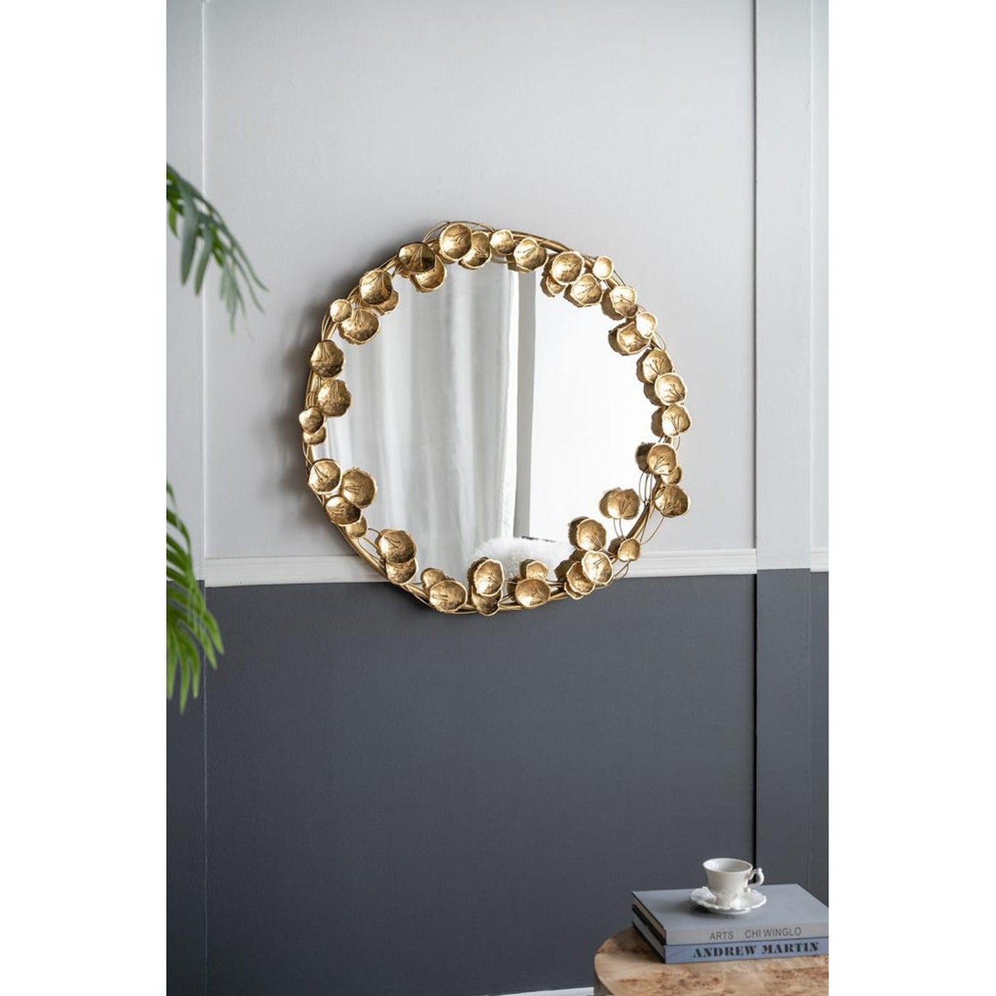 A&B Home 35" x 35" Bundle of 15 Round Gold Metal Frame Wall-Mounted Mirror With Golden Leaf Accent