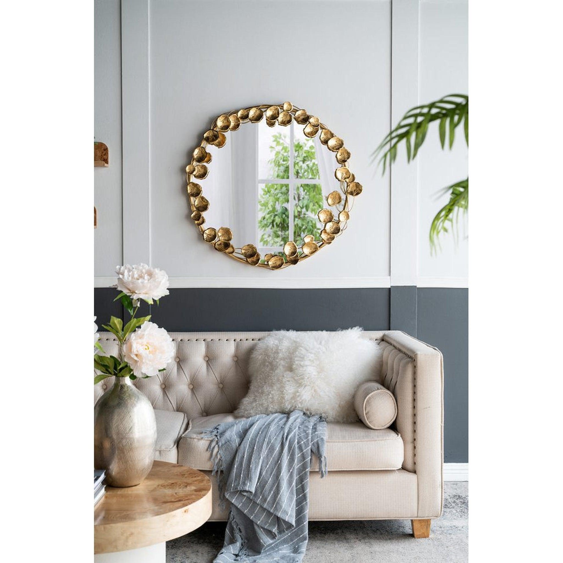 A&B Home 35" x 35" Bundle of 15 Round Gold Metal Frame Wall-Mounted Mirror With Golden Leaf Accent
