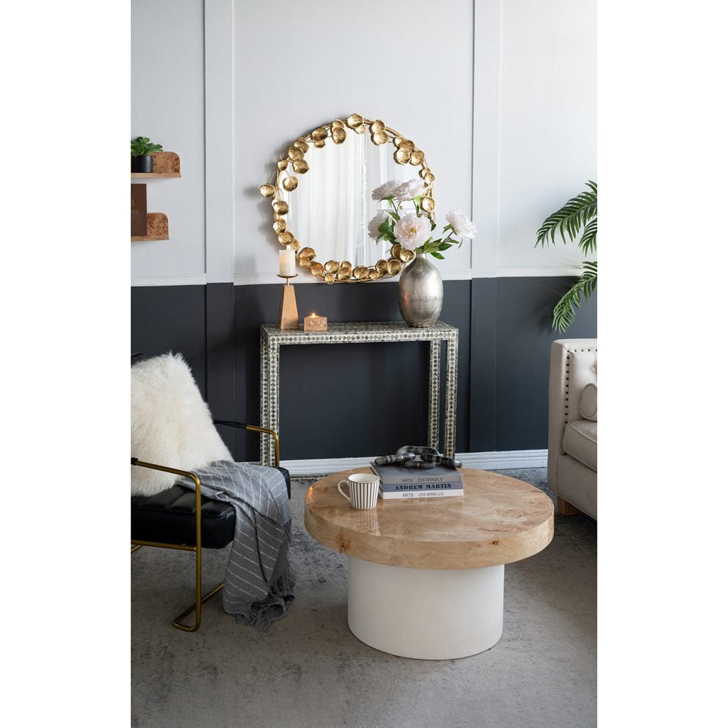 A&B Home 35" x 35" Bundle of 15 Round Gold Metal Frame Wall-Mounted Mirror With Golden Leaf Accent