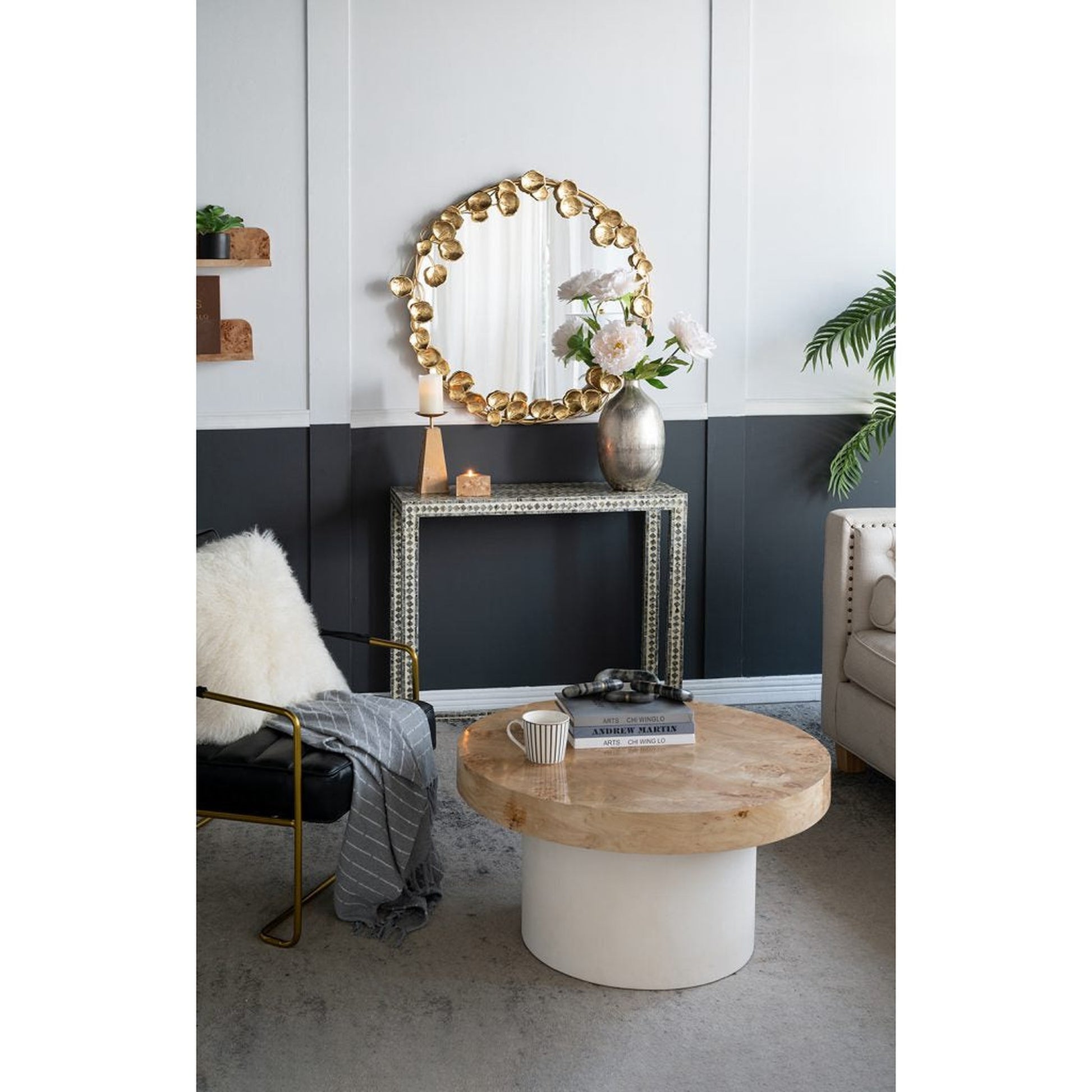 A&B Home 35" x 35" Bundle of 15 Round Gold Metal Frame Wall-Mounted Mirror With Golden Leaf Accent