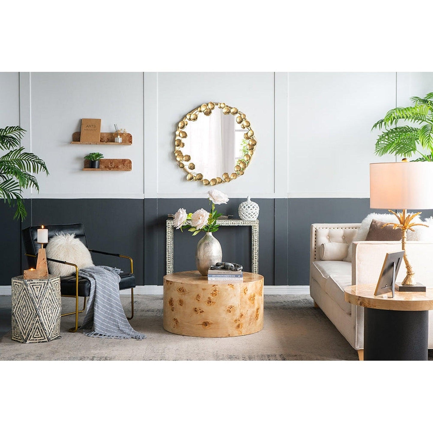 A&B Home 35" x 35" Bundle of 15 Round Gold Metal Frame Wall-Mounted Mirror With Golden Leaf Accent