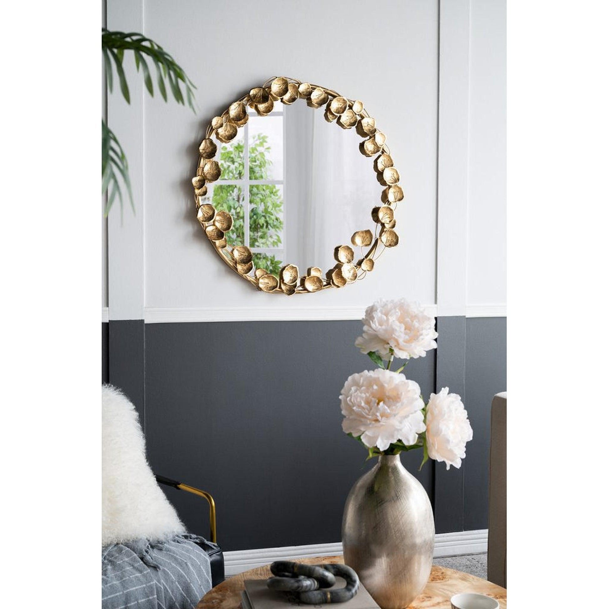 A&B Home 35" x 35" Bundle of 15 Round Gold Metal Frame Wall-Mounted Mirror With Golden Leaf Accent