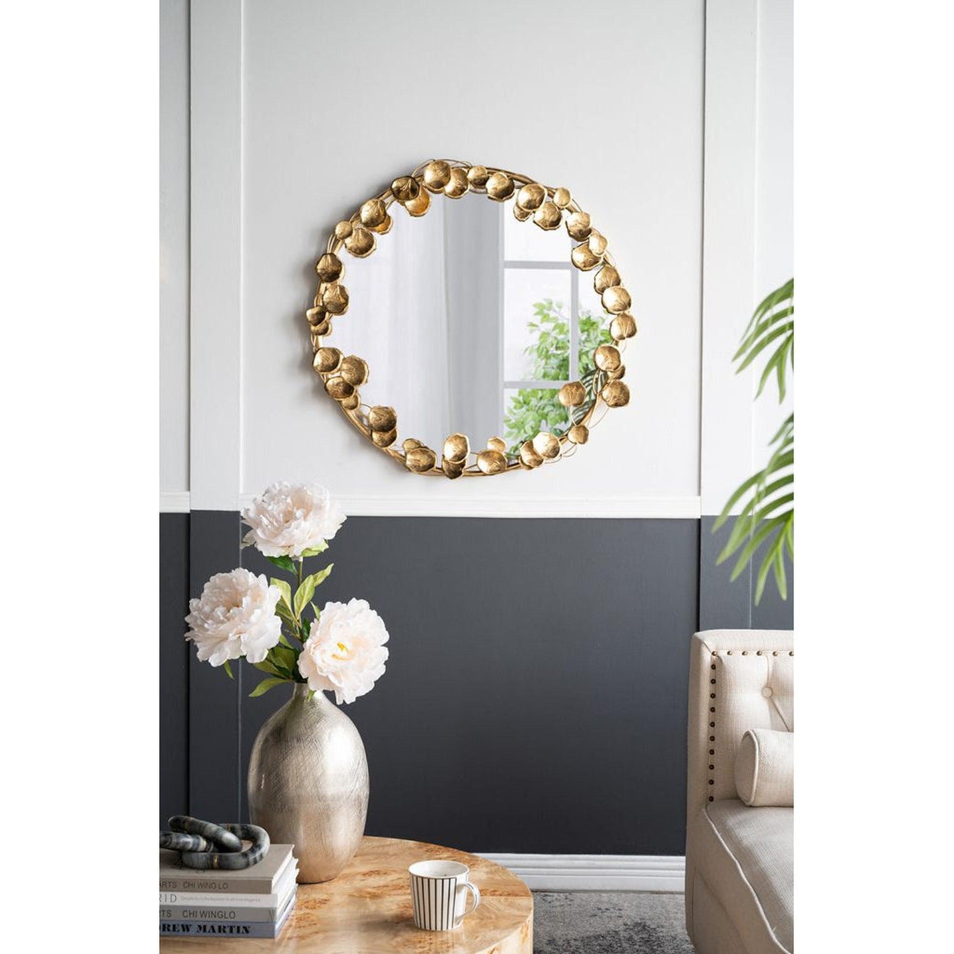A&B Home 35" x 35" Bundle of 15 Round Gold Metal Frame Wall-Mounted Mirror With Golden Leaf Accent