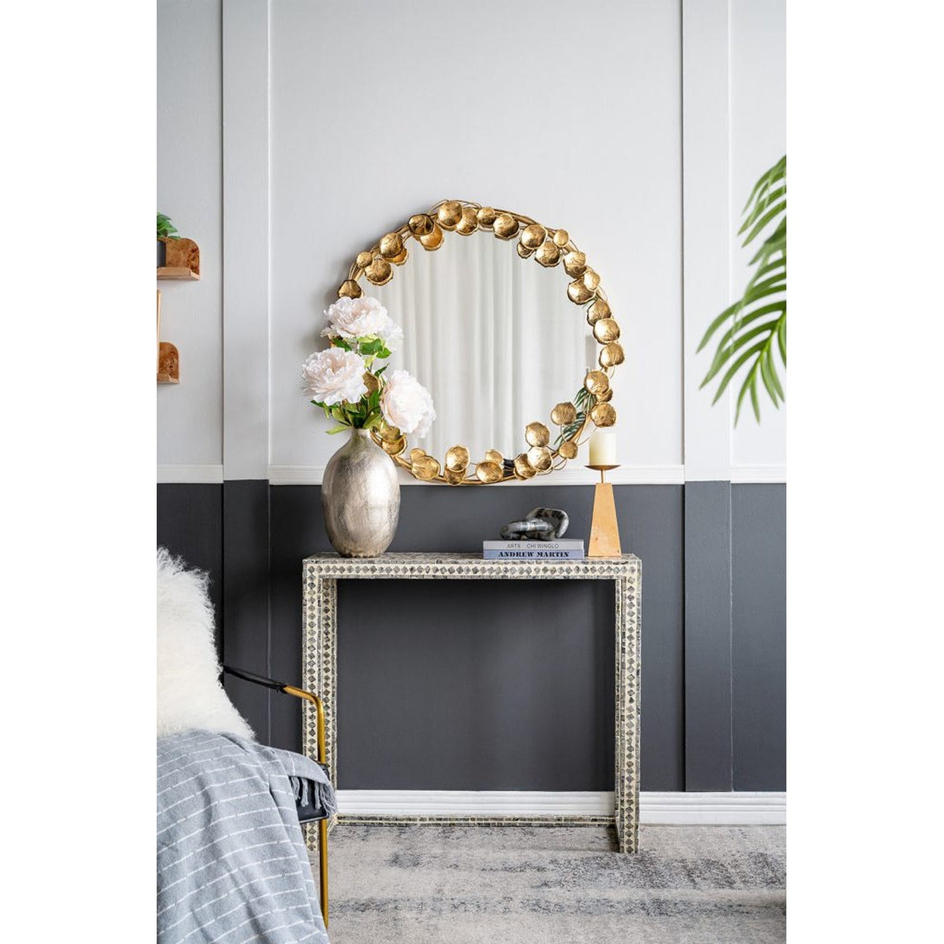 A&B Home 35" x 35" Bundle of 15 Round Gold Metal Frame Wall-Mounted Mirror With Golden Leaf Accent