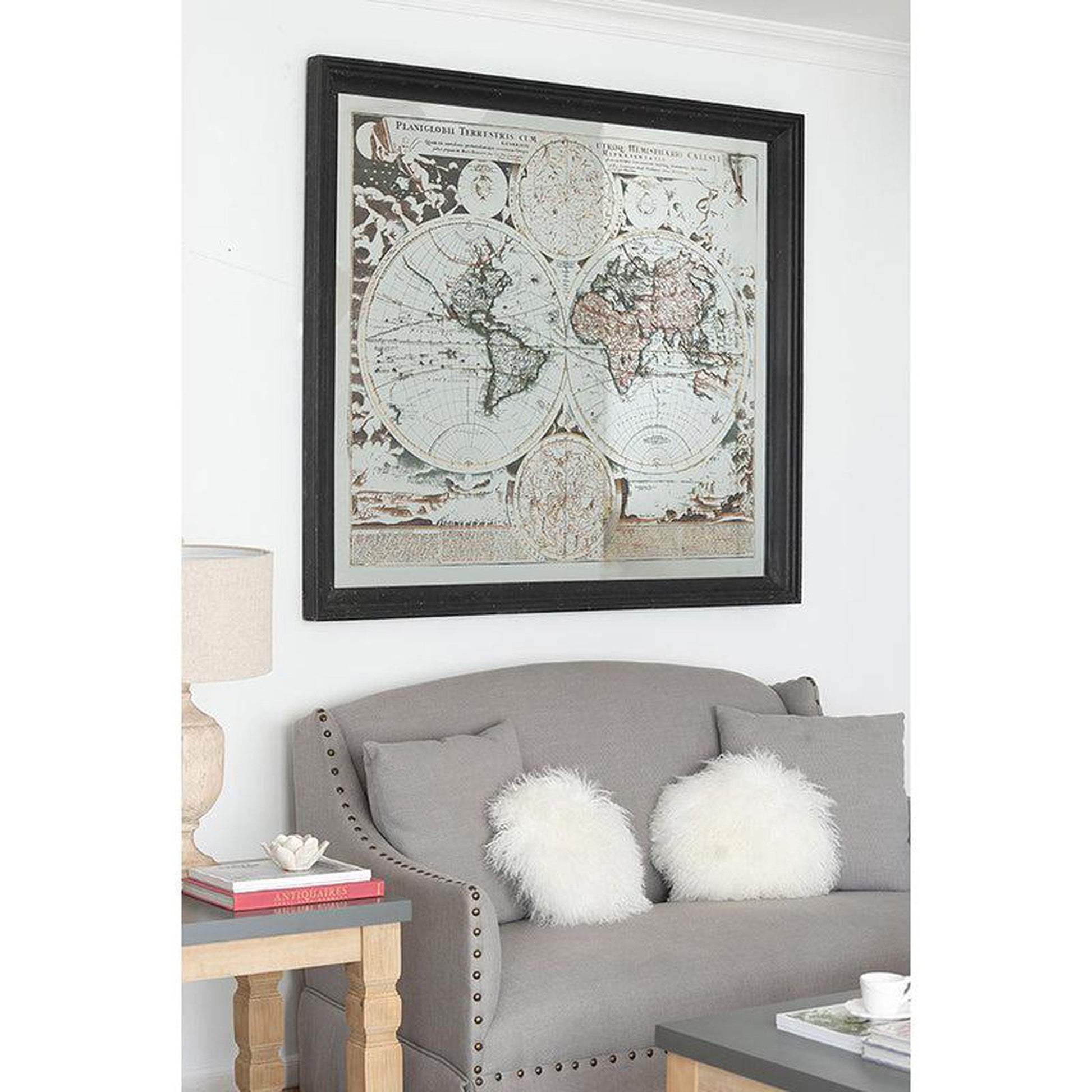 A&B Home 57" x 51" Bundle of 7 Rectangular Distressed Black Glass Frame Wall-Mounted Mirror With Wall Art