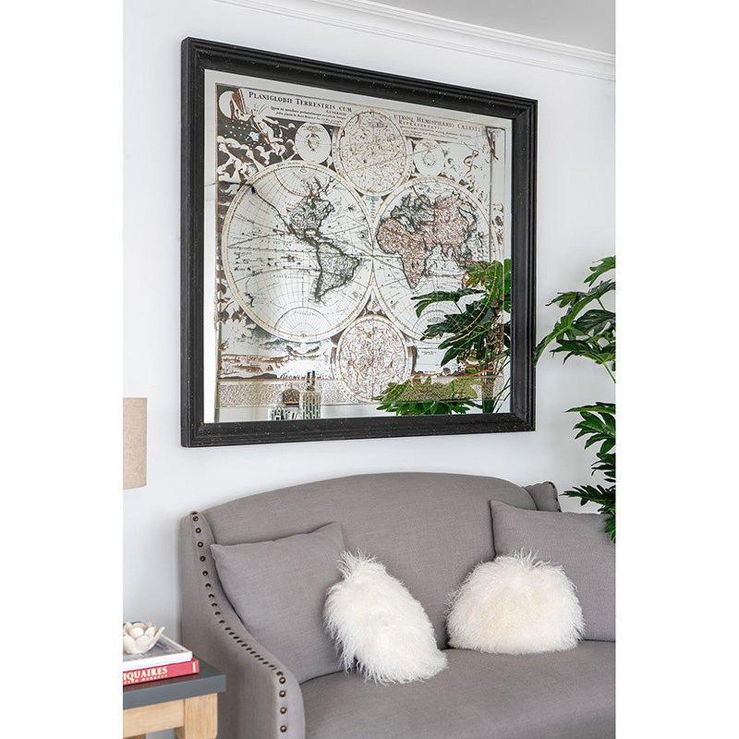 A&B Home 57" x 51" Bundle of 7 Rectangular Distressed Black Glass Frame Wall-Mounted Mirror With Wall Art