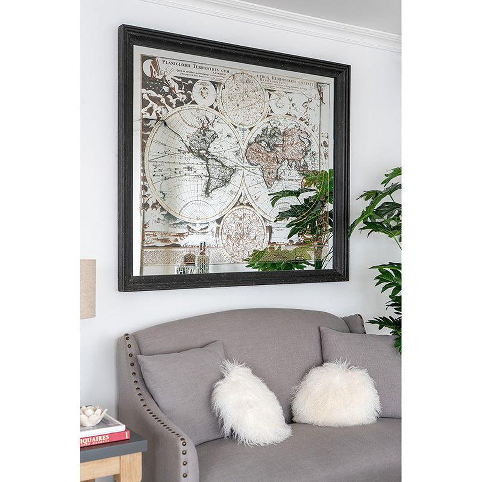 A&B Home 57" x 51" Bundle of 7 Rectangular Distressed Black Glass Frame Wall-Mounted Mirror With Wall Art