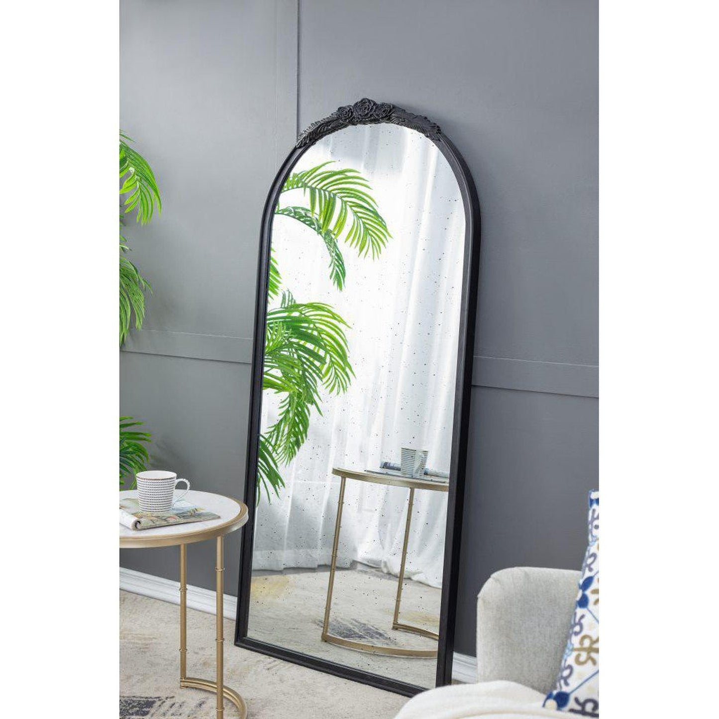 A&B Home Bingley 29" x 65" Bundle of 5 Arched Black Wood Hand Carved Rose Antique Frame Wall-Mounted Mirror