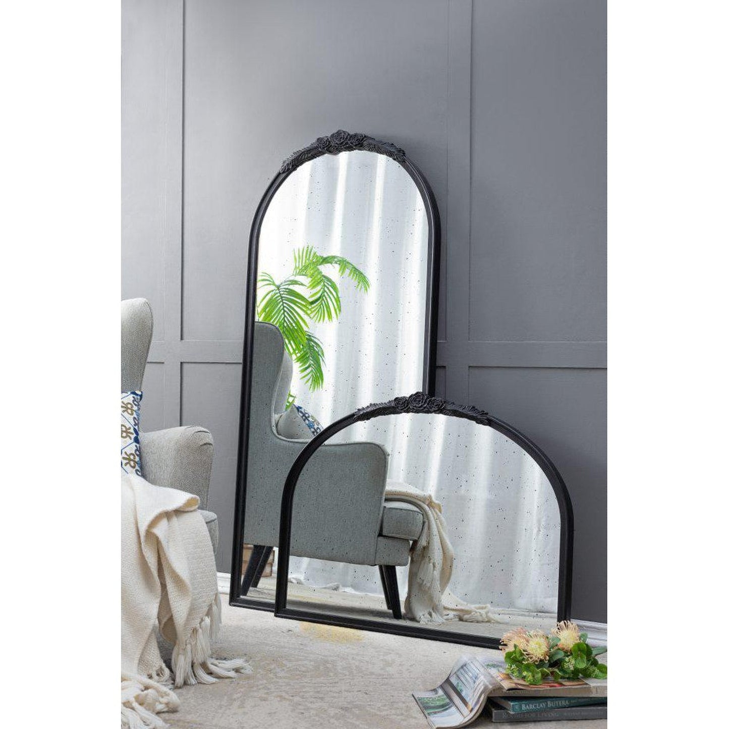 A&B Home Bingley 29" x 65" Bundle of 5 Arched Black Wood Hand Carved Rose Antique Frame Wall-Mounted Mirror