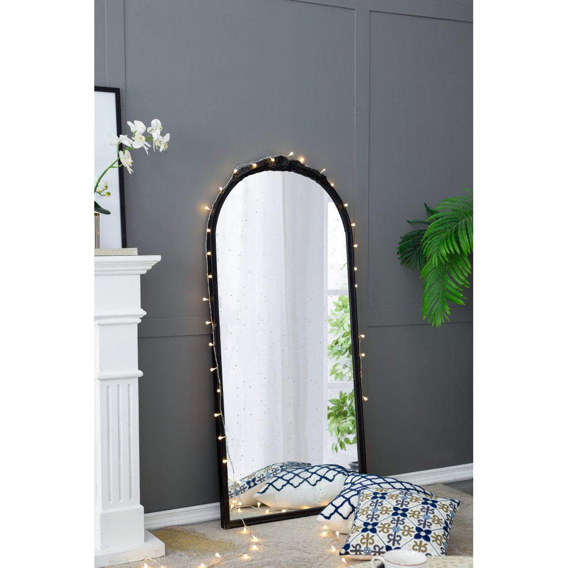 A&B Home Bingley 29" x 65" Bundle of 7 Arched Black Wood Hand Carved Rose Antique Frame Wall-Mounted Mirror
