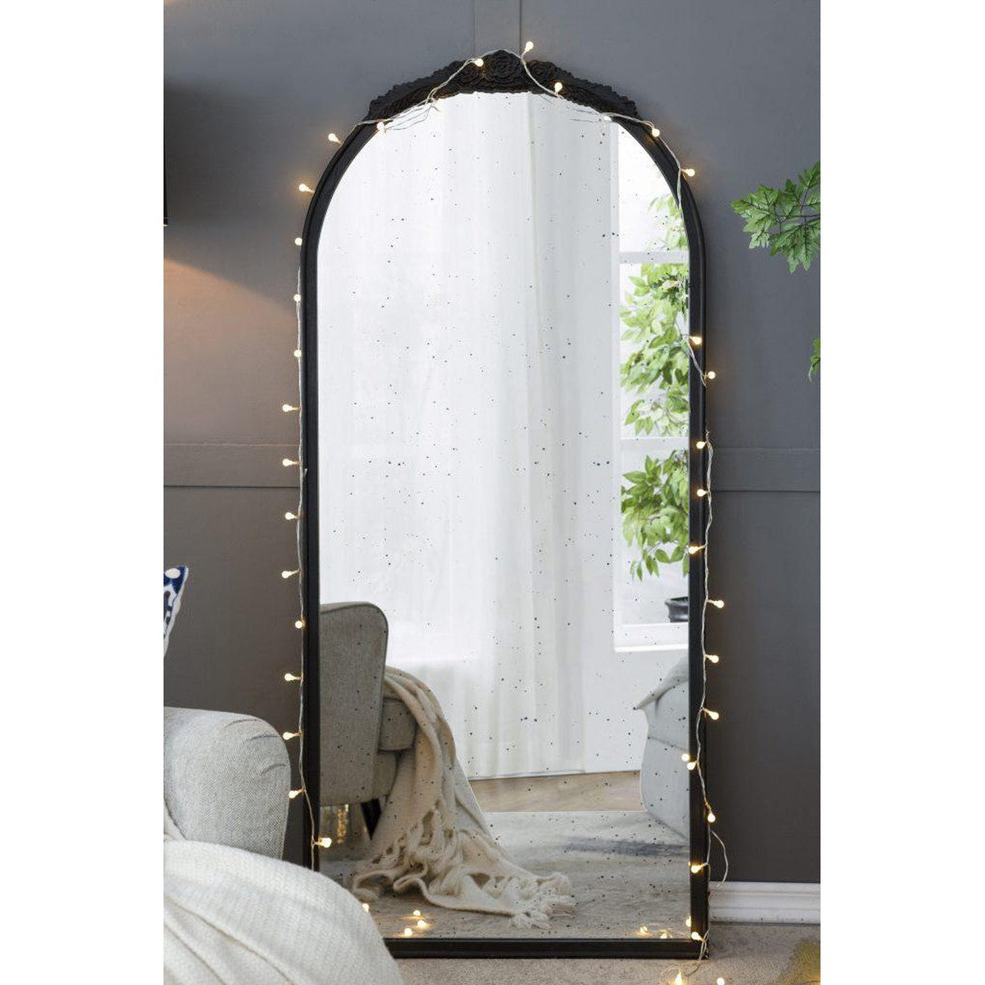 A&B Home Bingley 29" x 65" Bundle of 7 Arched Black Wood Hand Carved Rose Antique Frame Wall-Mounted Mirror