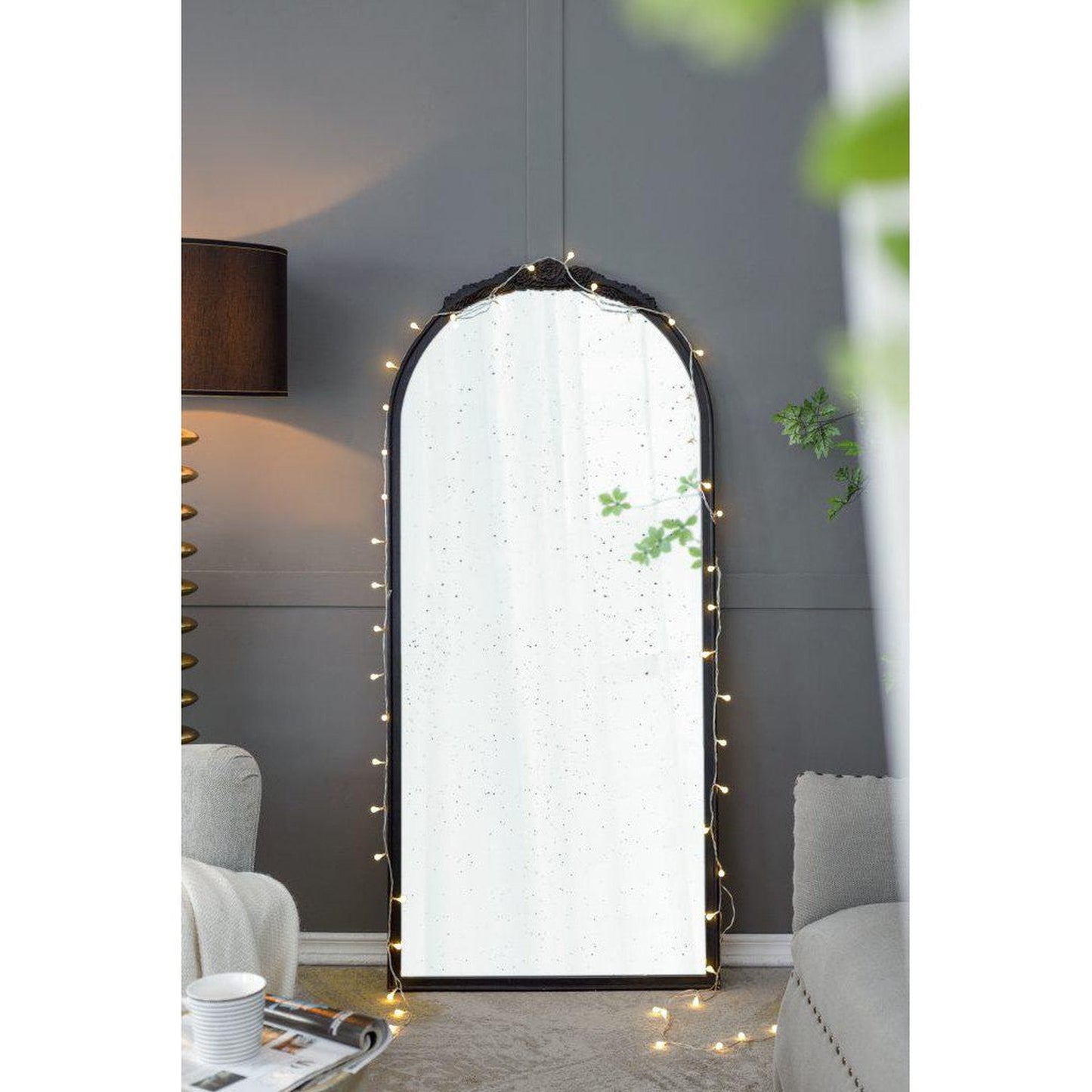 A&B Home Bingley 29" x 65" Bundle of 7 Arched Black Wood Hand Carved Rose Antique Frame Wall-Mounted Mirror