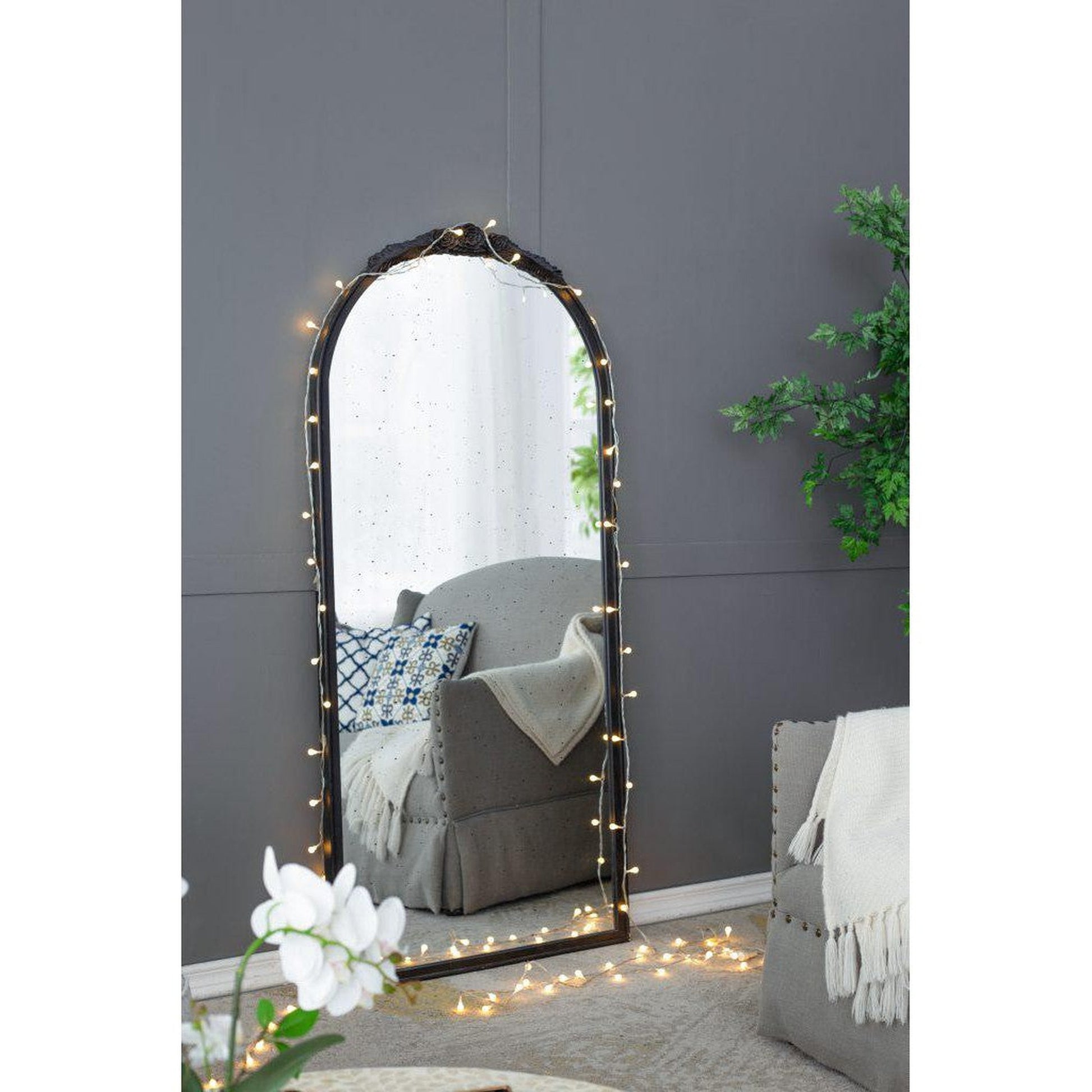 A&B Home Bingley 29" x 65" Bundle of 7 Arched Black Wood Hand Carved Rose Antique Frame Wall-Mounted Mirror