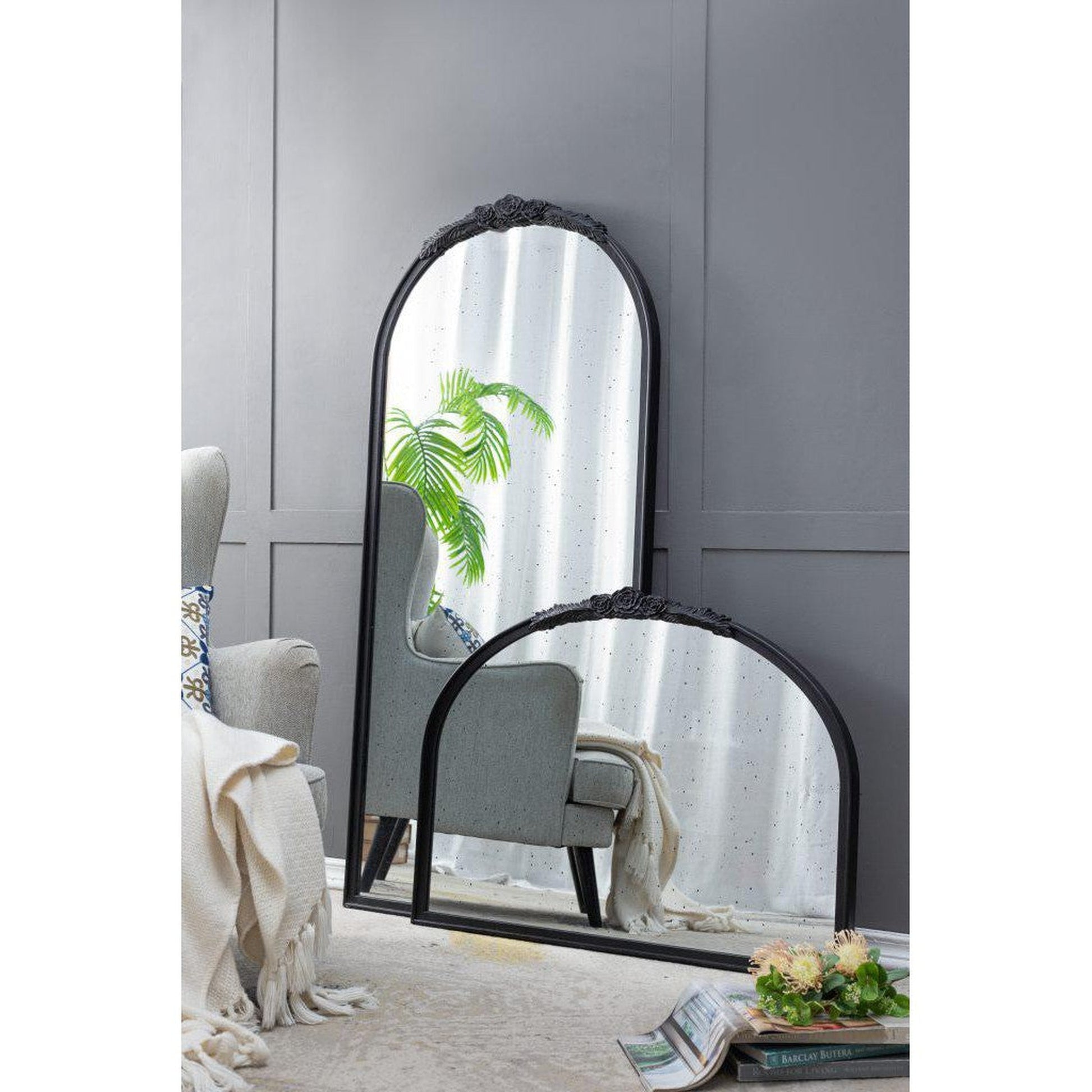 A&B Home Bingley 29" x 65" Bundle of 7 Arched Black Wood Hand Carved Rose Antique Frame Wall-Mounted Mirror