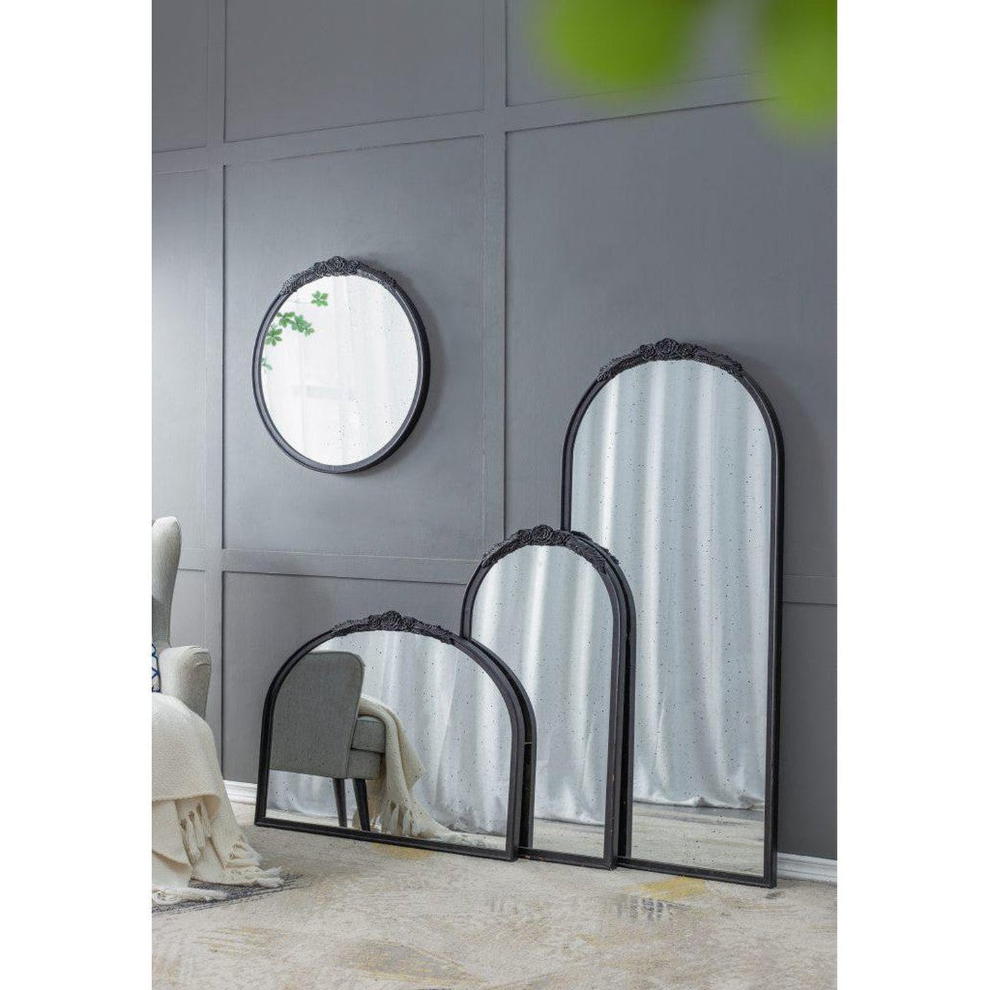 A&B Home Bingley 29" x 65" Bundle of 7 Arched Black Wood Hand Carved Rose Antique Frame Wall-Mounted Mirror