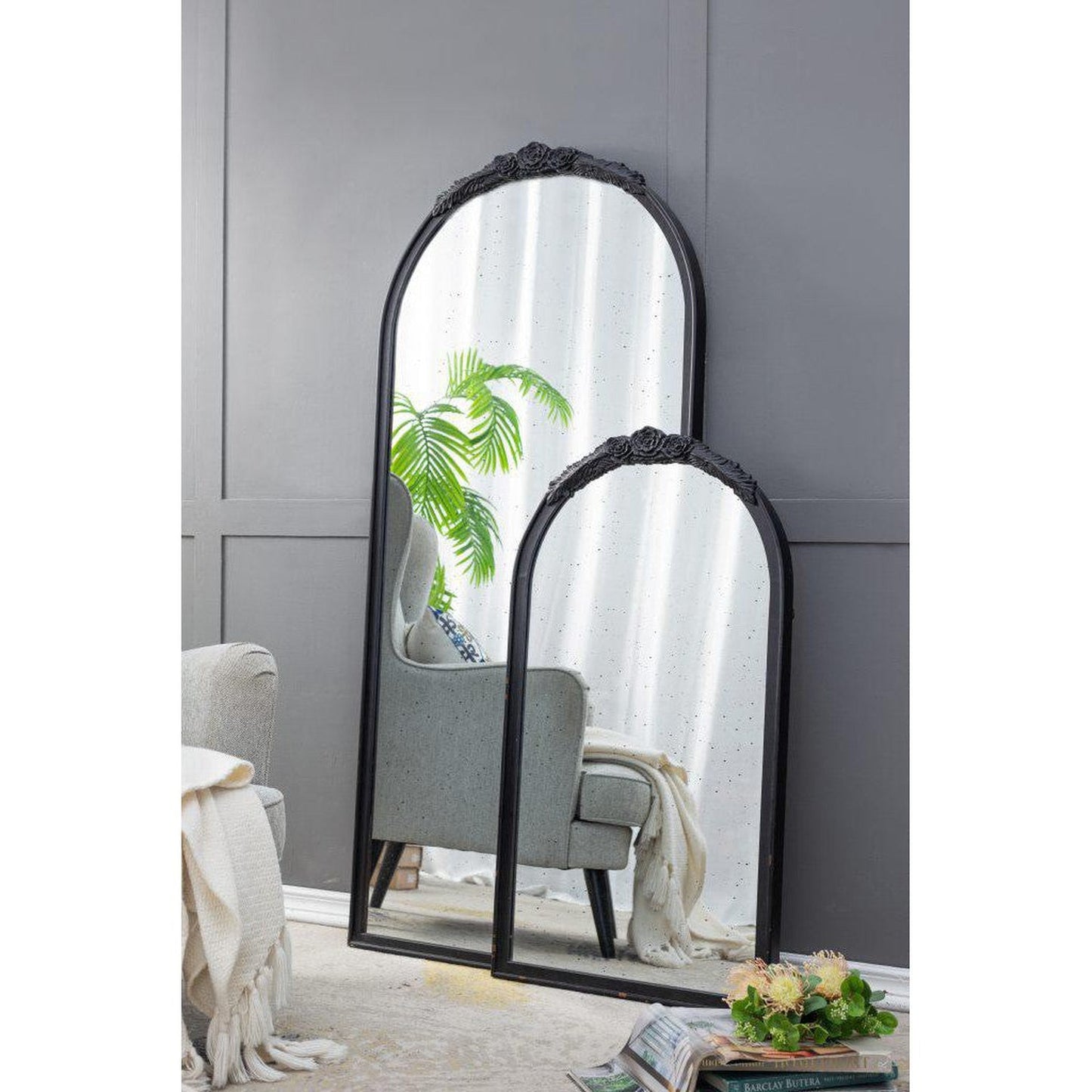 A&B Home Bingley 29" x 65" Bundle of 7 Arched Black Wood Hand Carved Rose Antique Frame Wall-Mounted Mirror