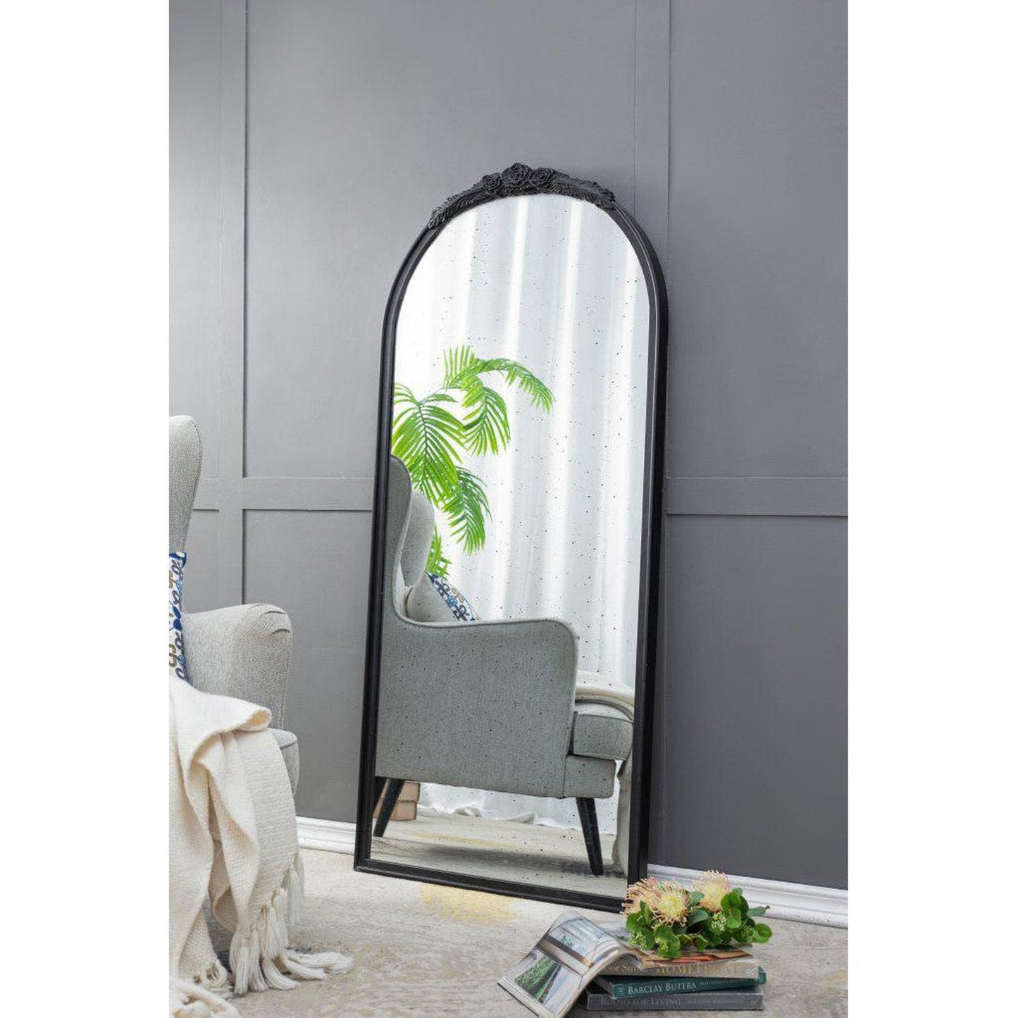 A&B Home Bingley 29" x 65" Bundle of 7 Arched Black Wood Hand Carved Rose Antique Frame Wall-Mounted Mirror